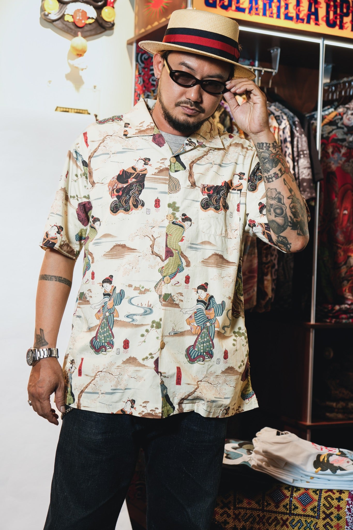 41169 × Utagawa Kuniyoshi COTTON RAYON ALOHA SHIRT (Sumida River Morning Mist) - NATURAL