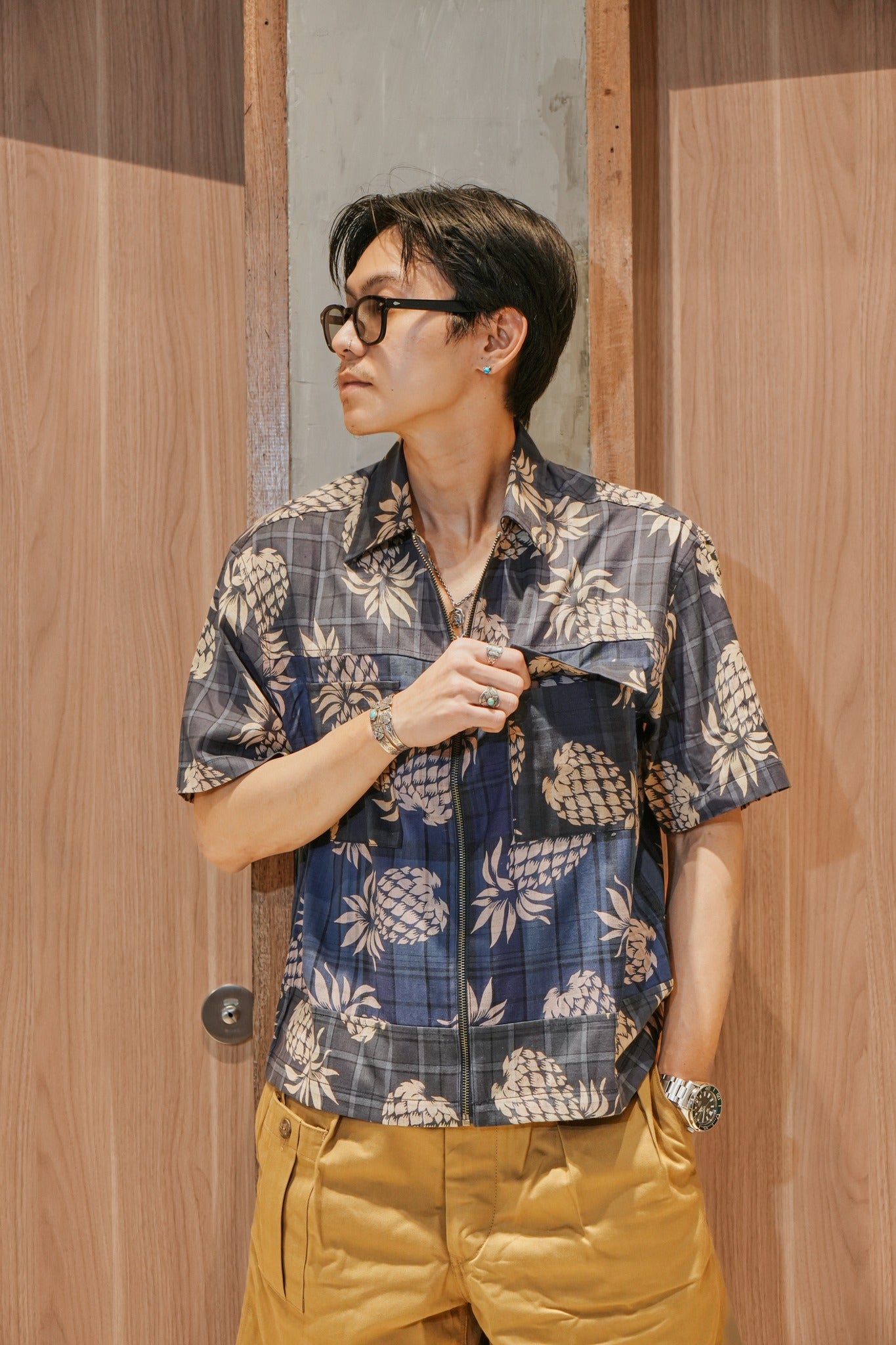 MASH UP P43 ZIP UP SHIRT - BLUE PINE APPLE