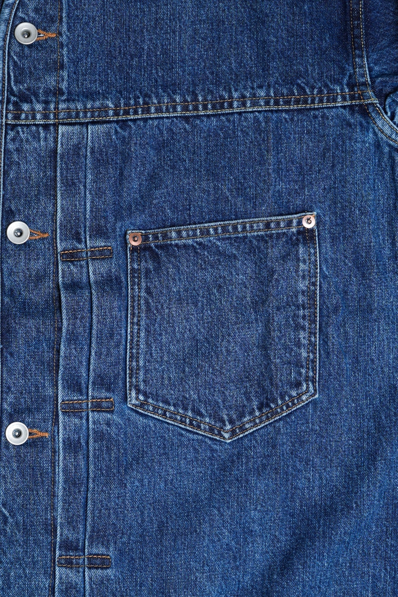 COTTON SELVEDGE DENIM 1ST COLLARLESS JACKET - INDIGO