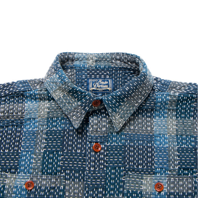 5657 Noragi Sashiko Short Sleeve Shirt  - BLUE