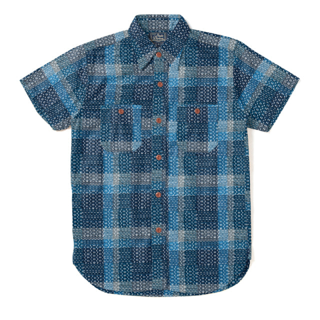 5657 Noragi Sashiko Short Sleeve Shirt  - BLUE