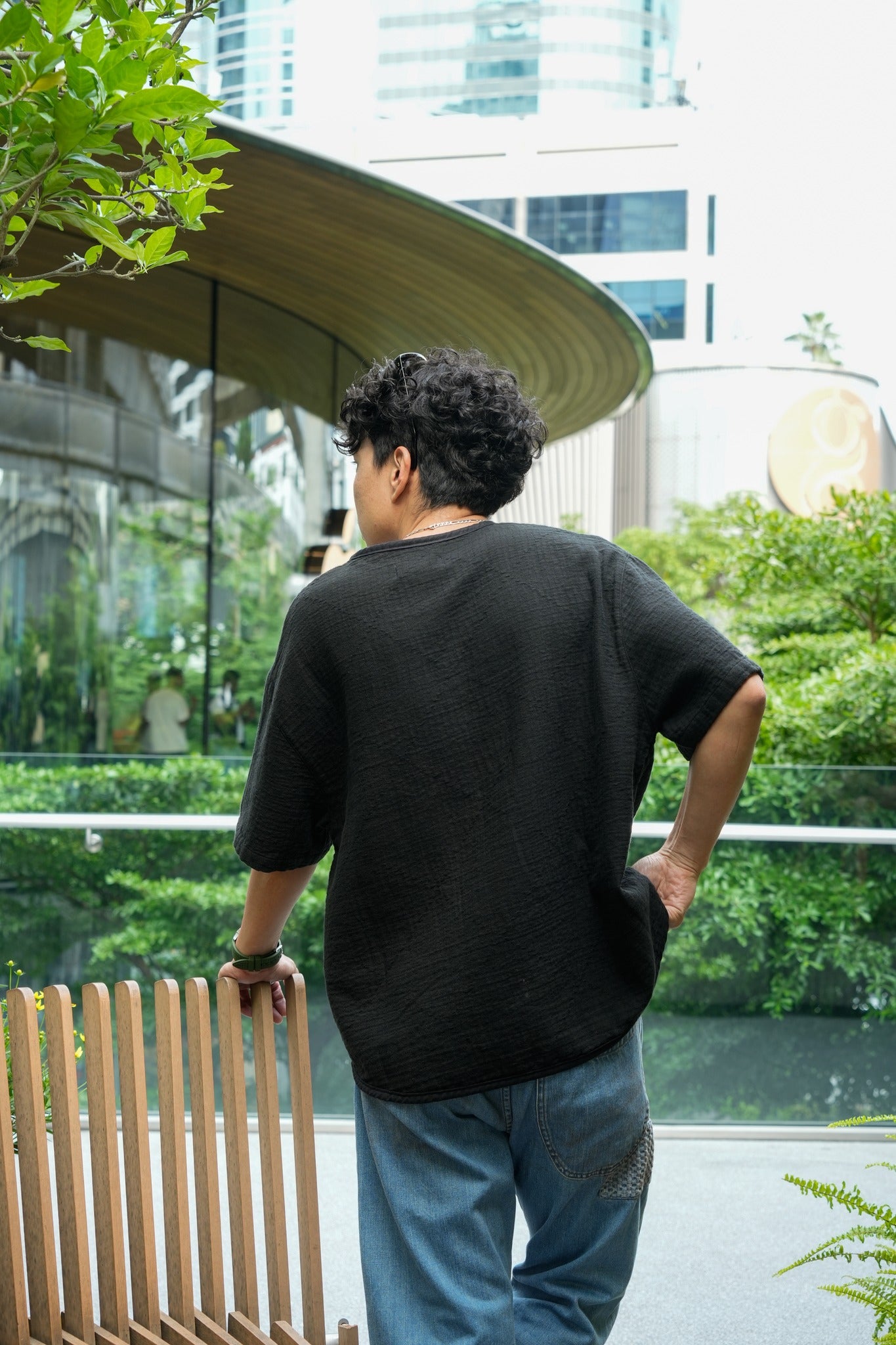 Lightweight Sashiko T-shirt  - BLACK