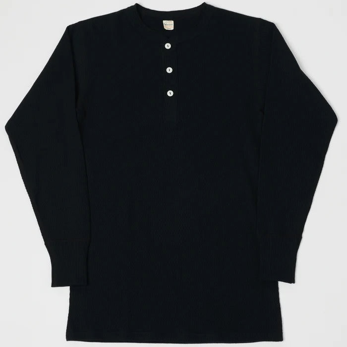 5904 4-needle Henley neck waffle long sleeve T - BLACK