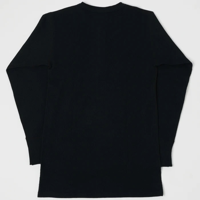 5904 4-needle Henley neck waffle long sleeve T - BLACK