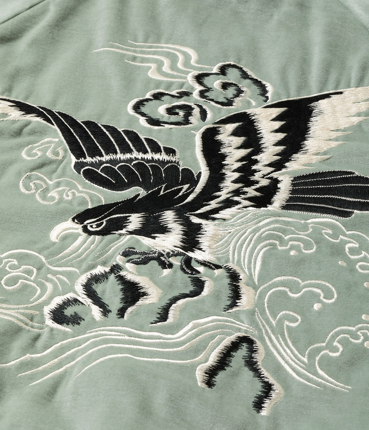 TT15544-141 MID 1950S STYLE VELVETEEN SOUVENIR JACKET BLACK EAGLE ? JAPAN MAP - MINT GREEN/GREEN