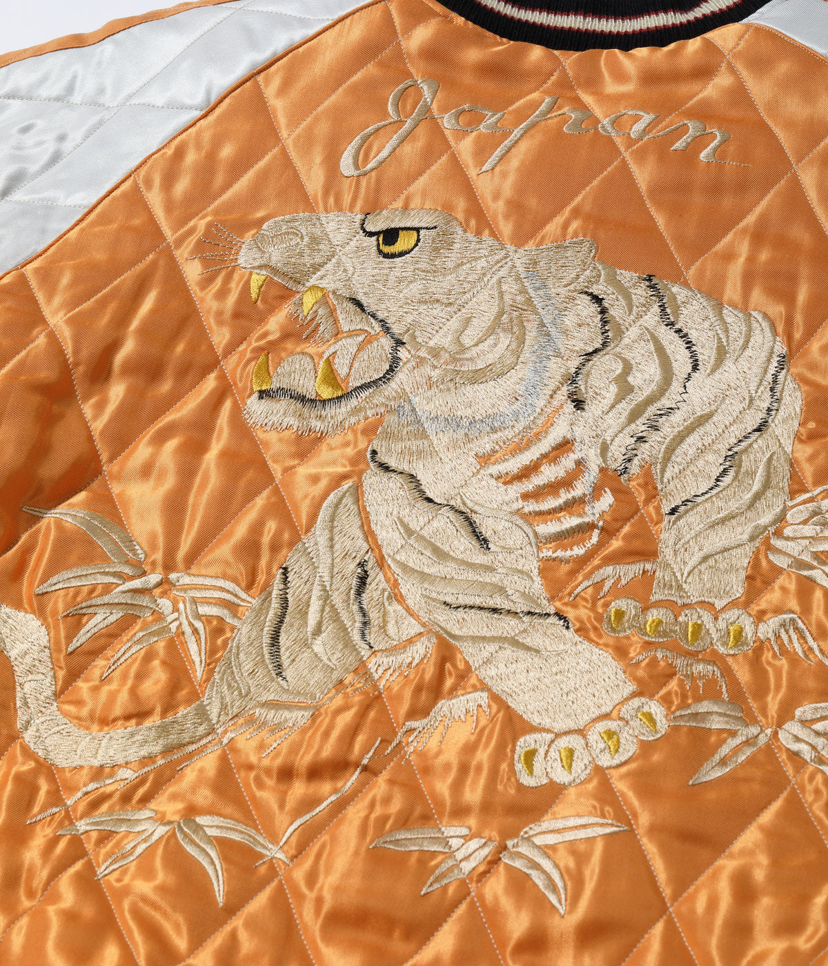 TT15791-159 Early 1950s Style Acetate Quilted Souvenir Jacket “WHITE TIGER” × “LANDSCAPE” - BLACK/ORANGE