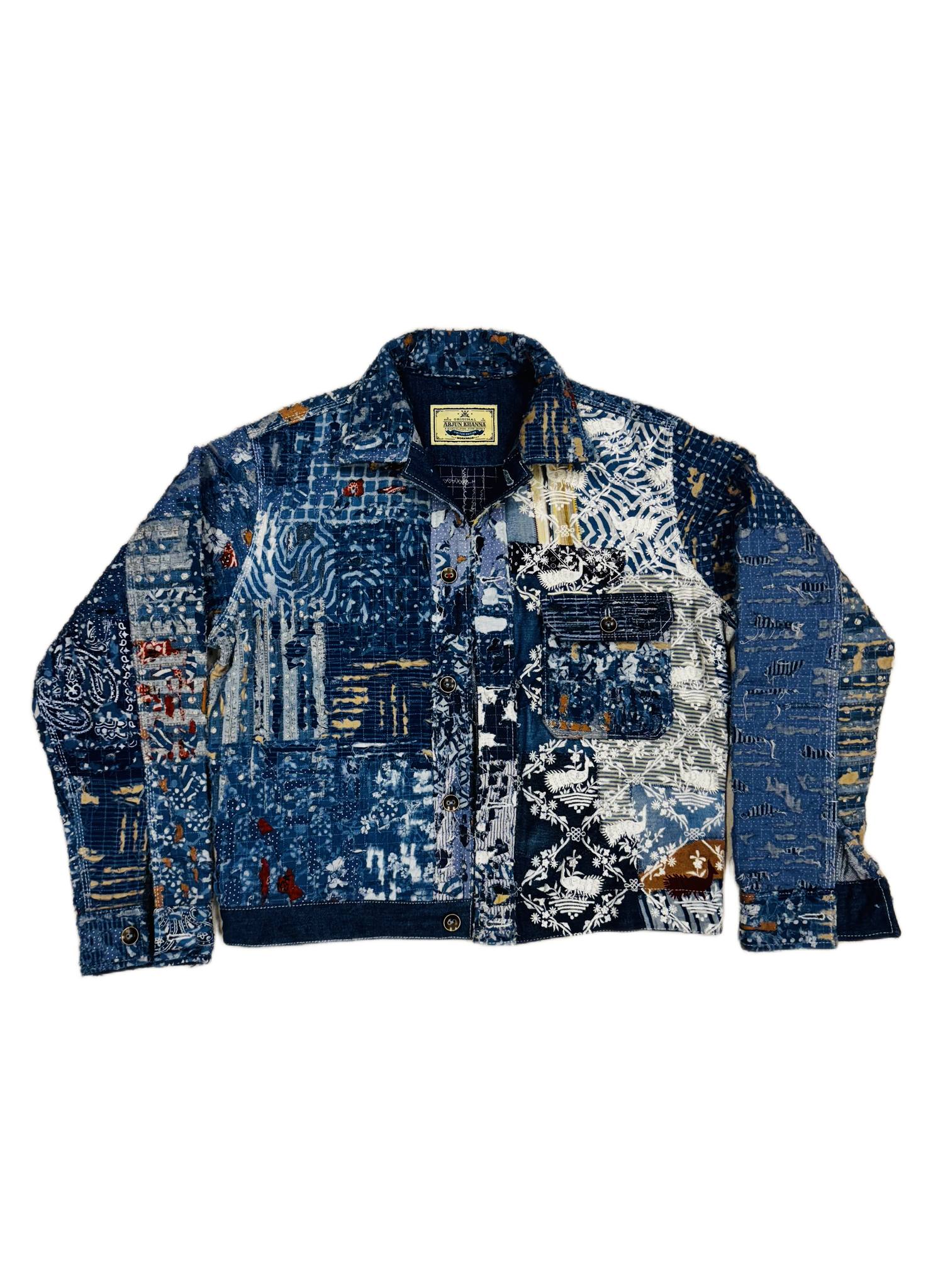 AK/PR/LOT2/JKT/036 Type 1 Ripped & Distressed denim Jacket with Boro and crisscross hand-embroidered leaf baile & peacock motif  - INDIGO