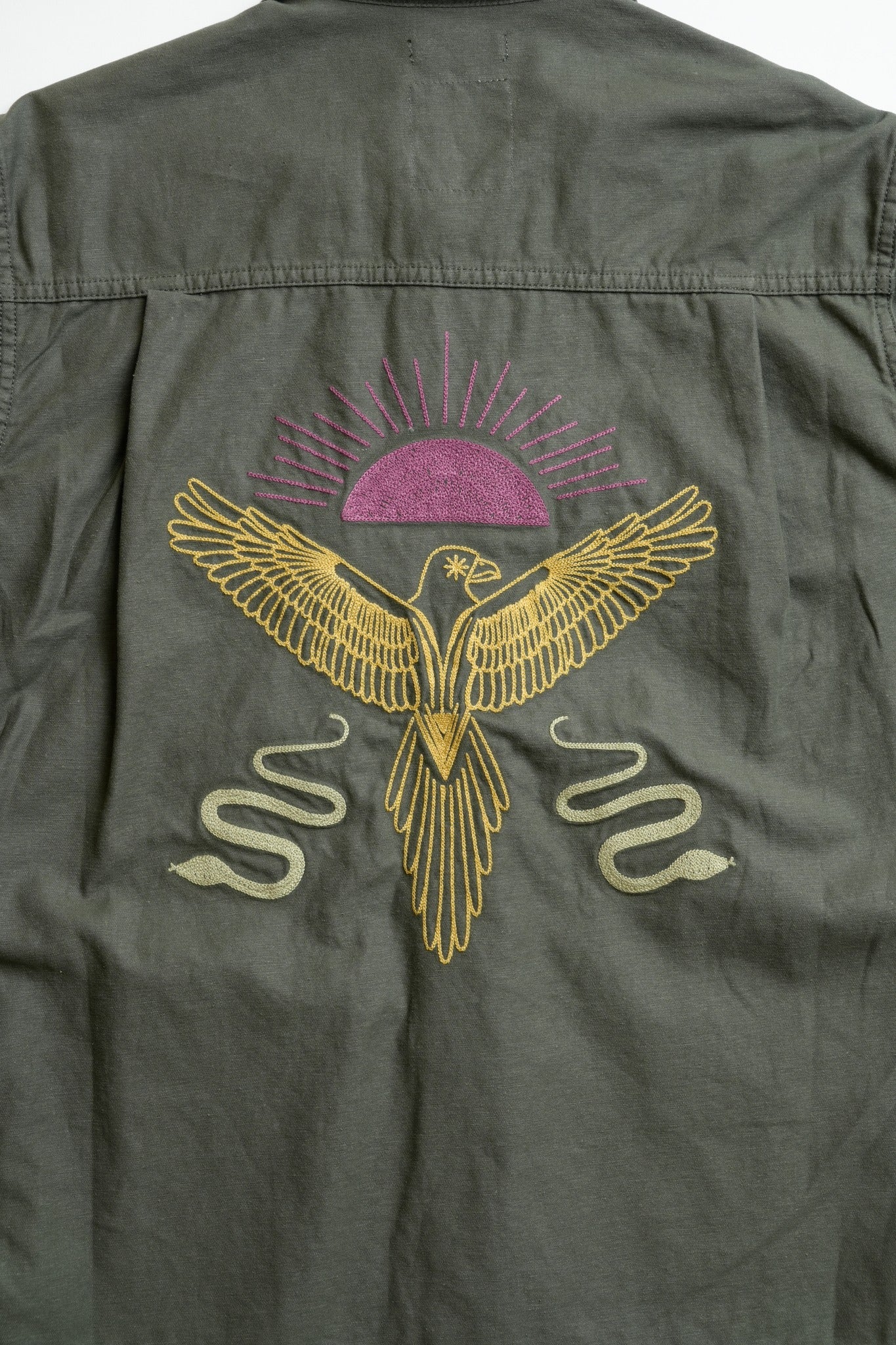 COTTON BACK SATIN OG SHIRT WITH EMBROIDERY - GREEN