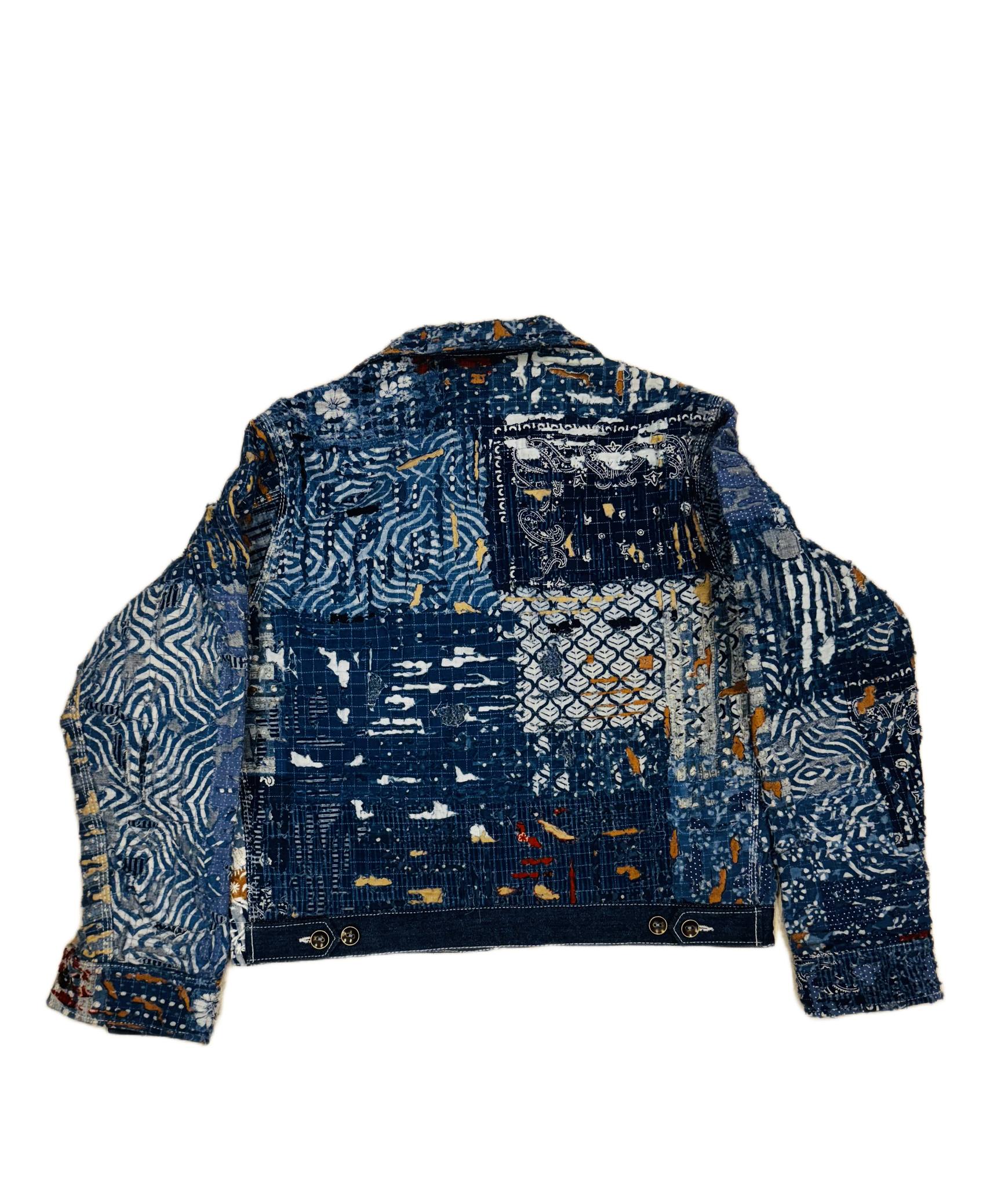 AK/PR/LOT2/JKT/036 Type 1 Ripped & Distressed denim Jacket with Boro and crisscross hand-embroidered leaf baile & peacock motif  - INDIGO