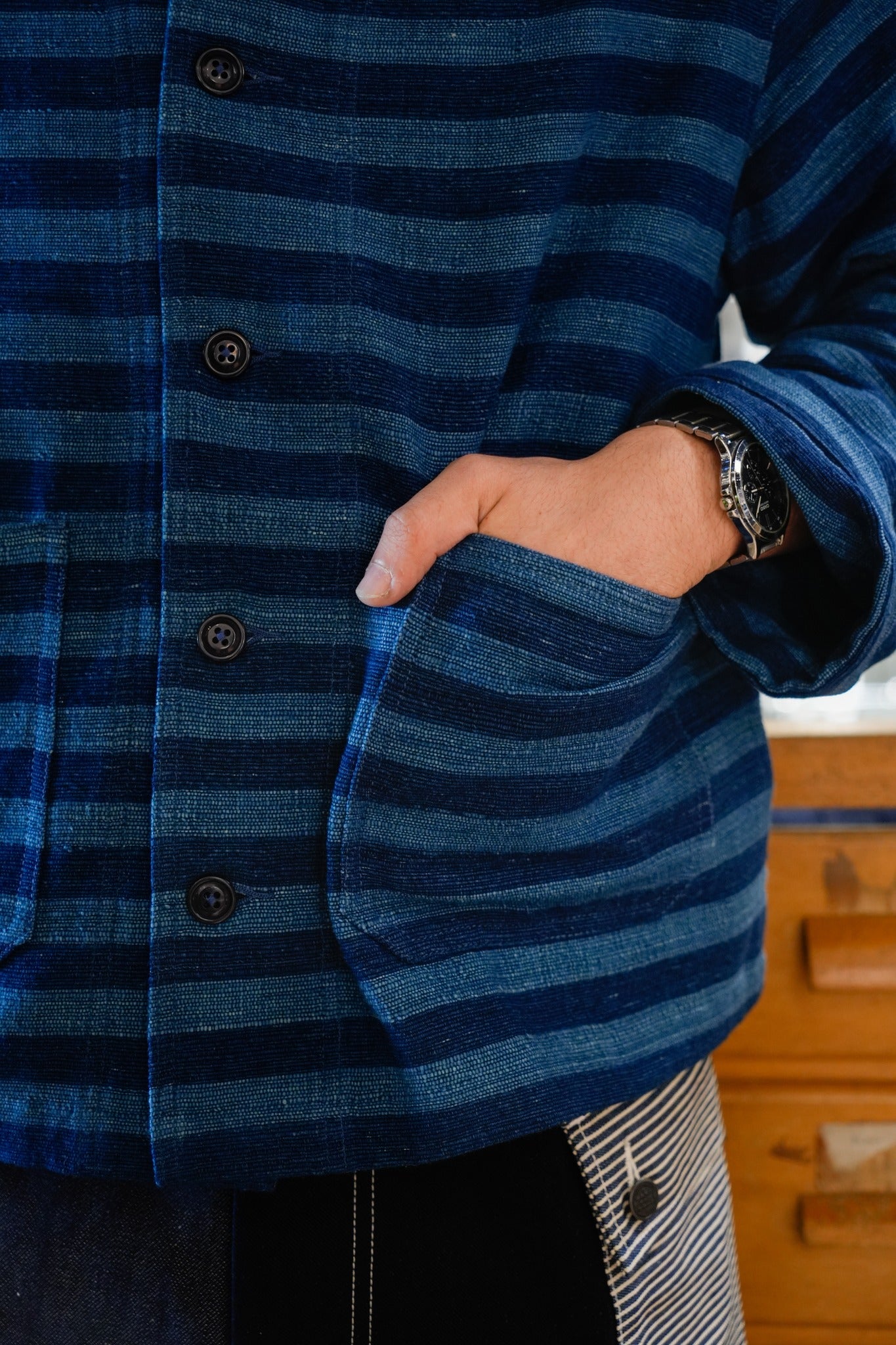 SHAWL COLLAR JACKET - HANDLOOM STRIPE