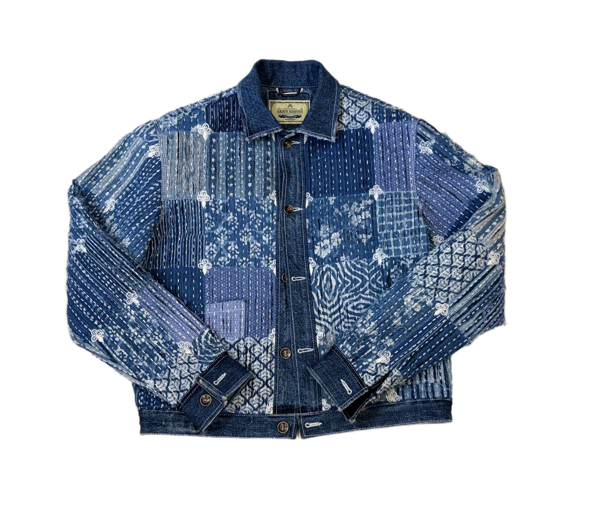 AK/PR/LOT2/JKT/038 Trucker Style Ripped & Distressed Denim Jacket with Boro feat Linear rips, sashiko sticth detail all-over, tree of life, and 2 patch pockets - INDIGO