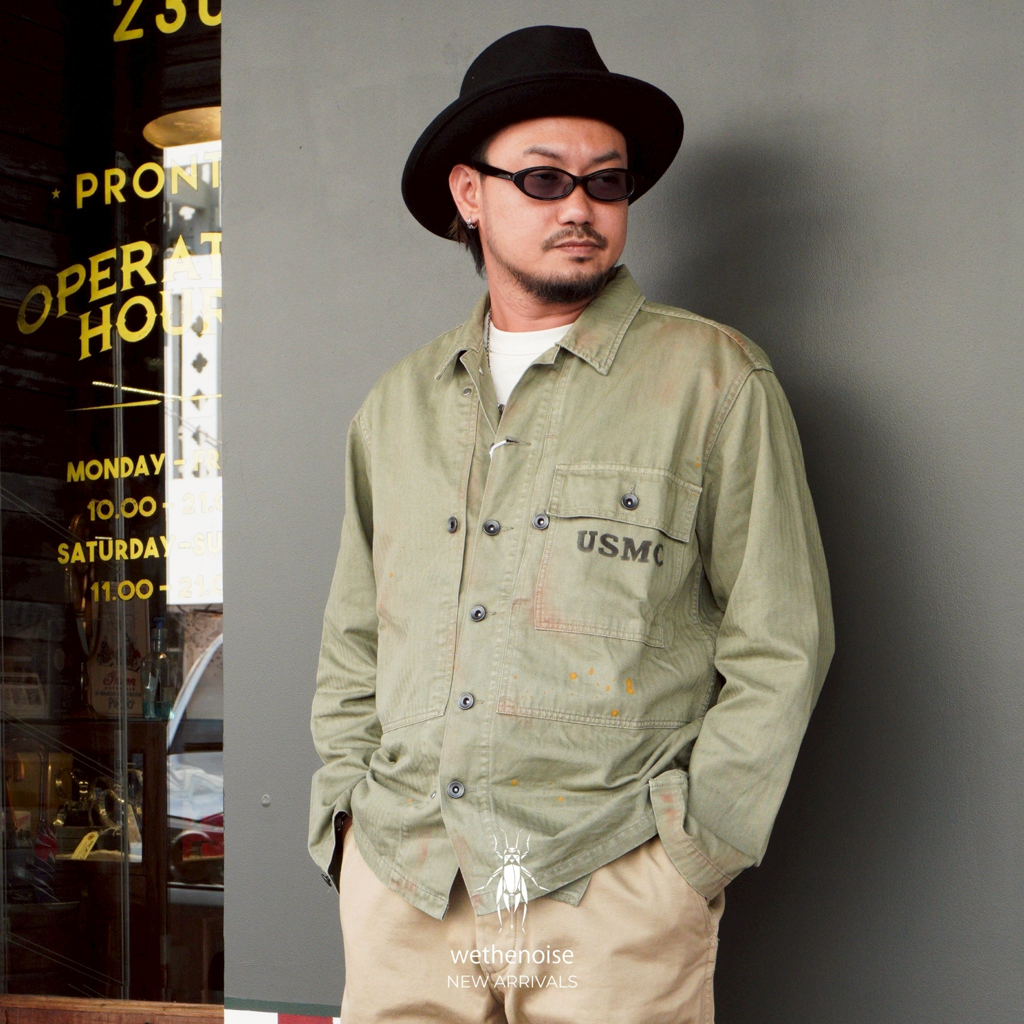 COTTON HBT P-44 USMC JACKET WITH VINTAGE PROCESSING - GREEN