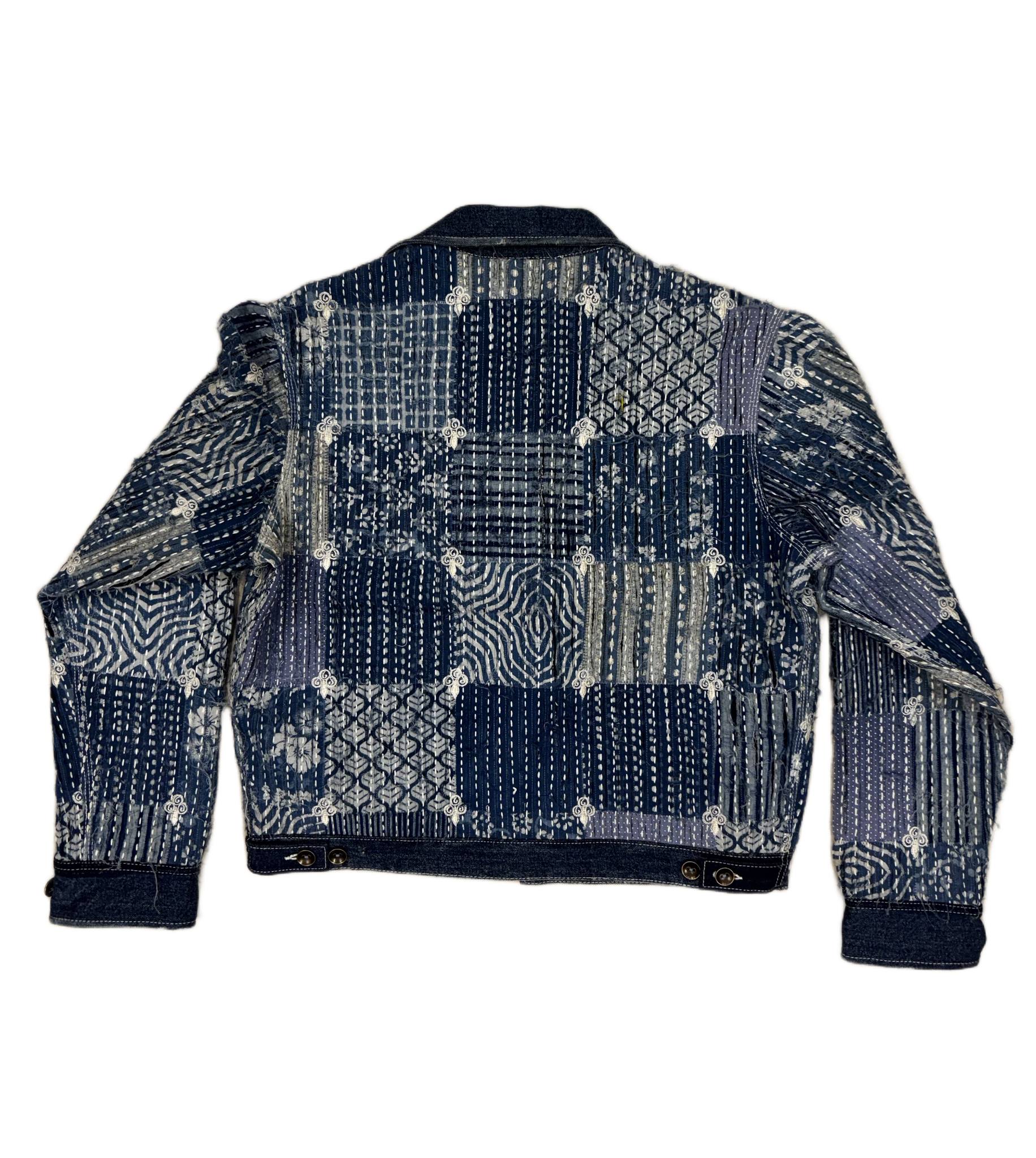 AK/PR/LOT2/JKT/038 Trucker Style Ripped & Distressed Denim Jacket with Boro feat Linear rips, sashiko sticth detail all-over, tree of life, and 2 patch pockets - INDIGO