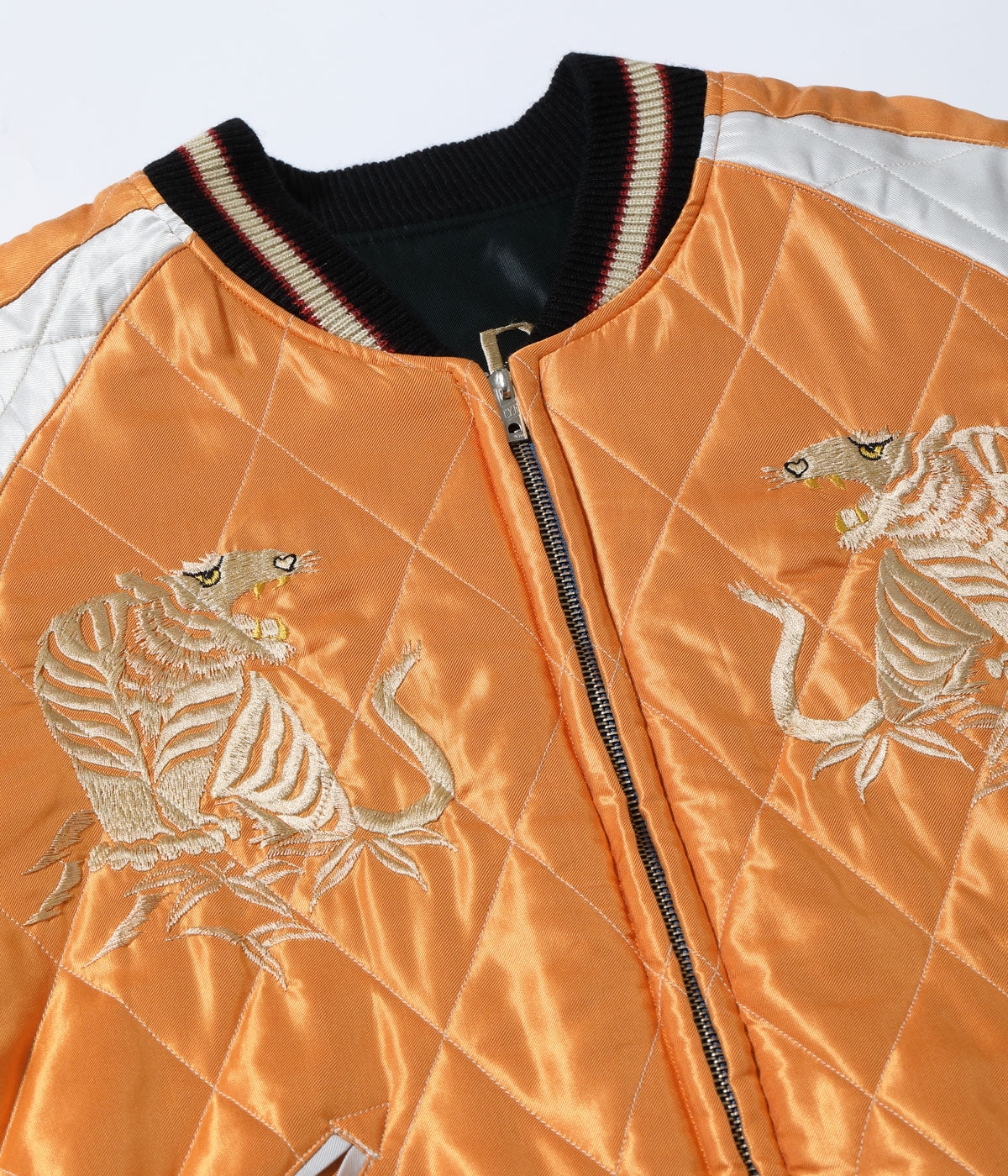 TT15791-159 Early 1950s Style Acetate Quilted Souvenir Jacket “WHITE TIGER” × “LANDSCAPE” - BLACK/ORANGE