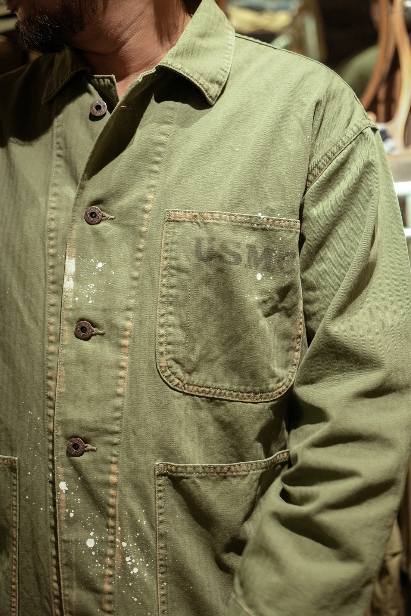 COTTON HBT P-41 USMC JACKET WITH VINTAGE PROCESSING - GREEN