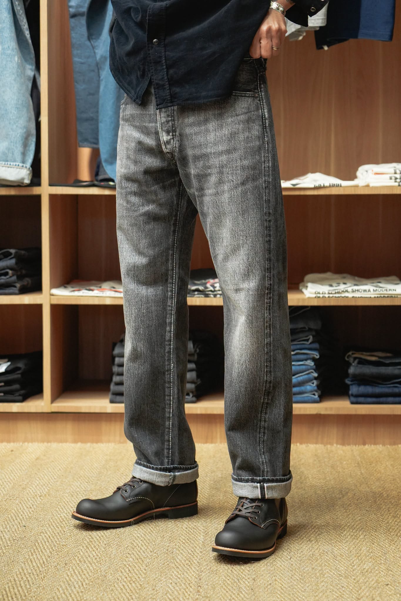 USED-003-BK 14oz Natural Wash Denim Regular Straight - BLACK