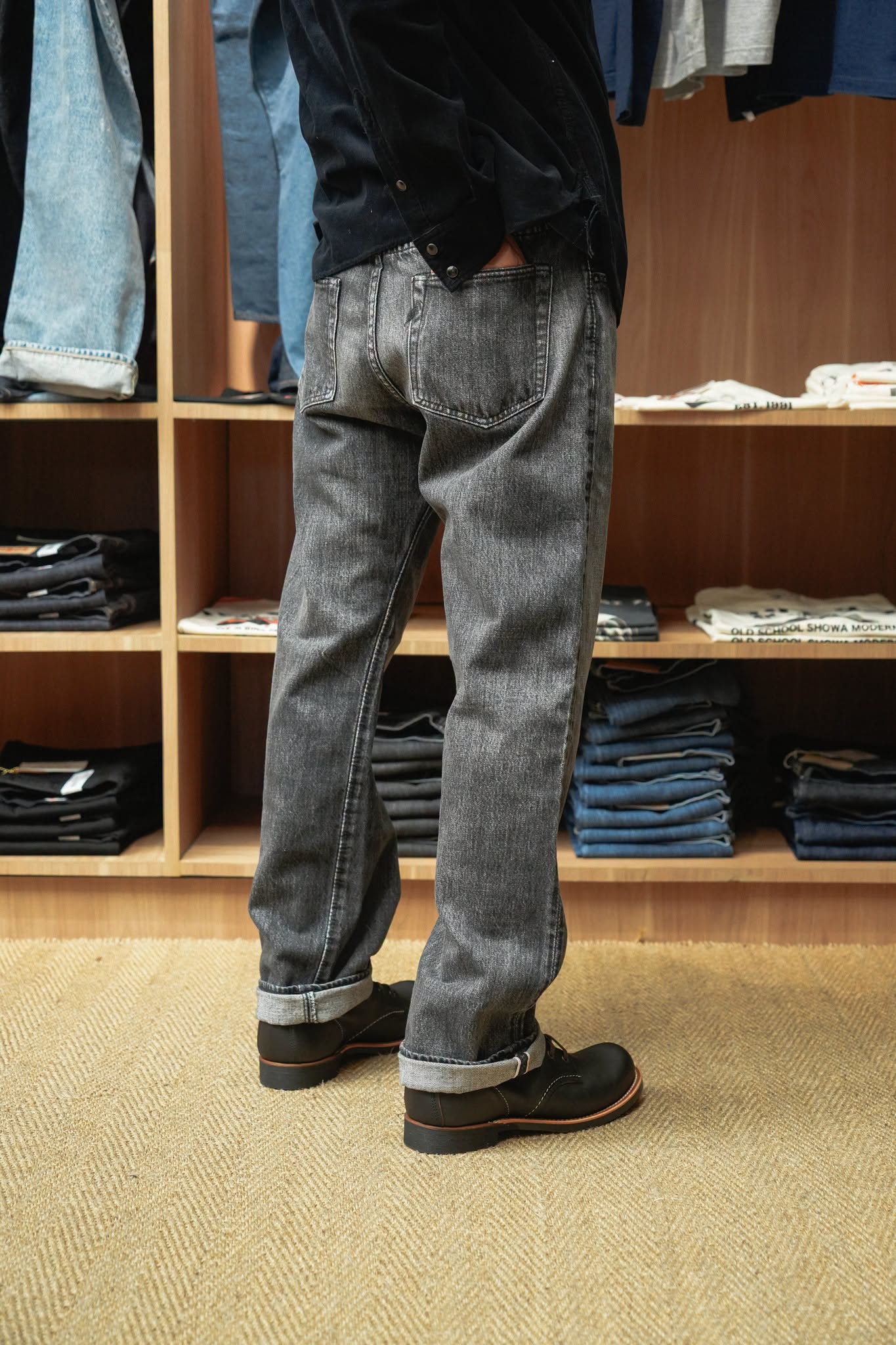 USED-003-BK 14oz Natural Wash Denim Regular Straight - BLACK