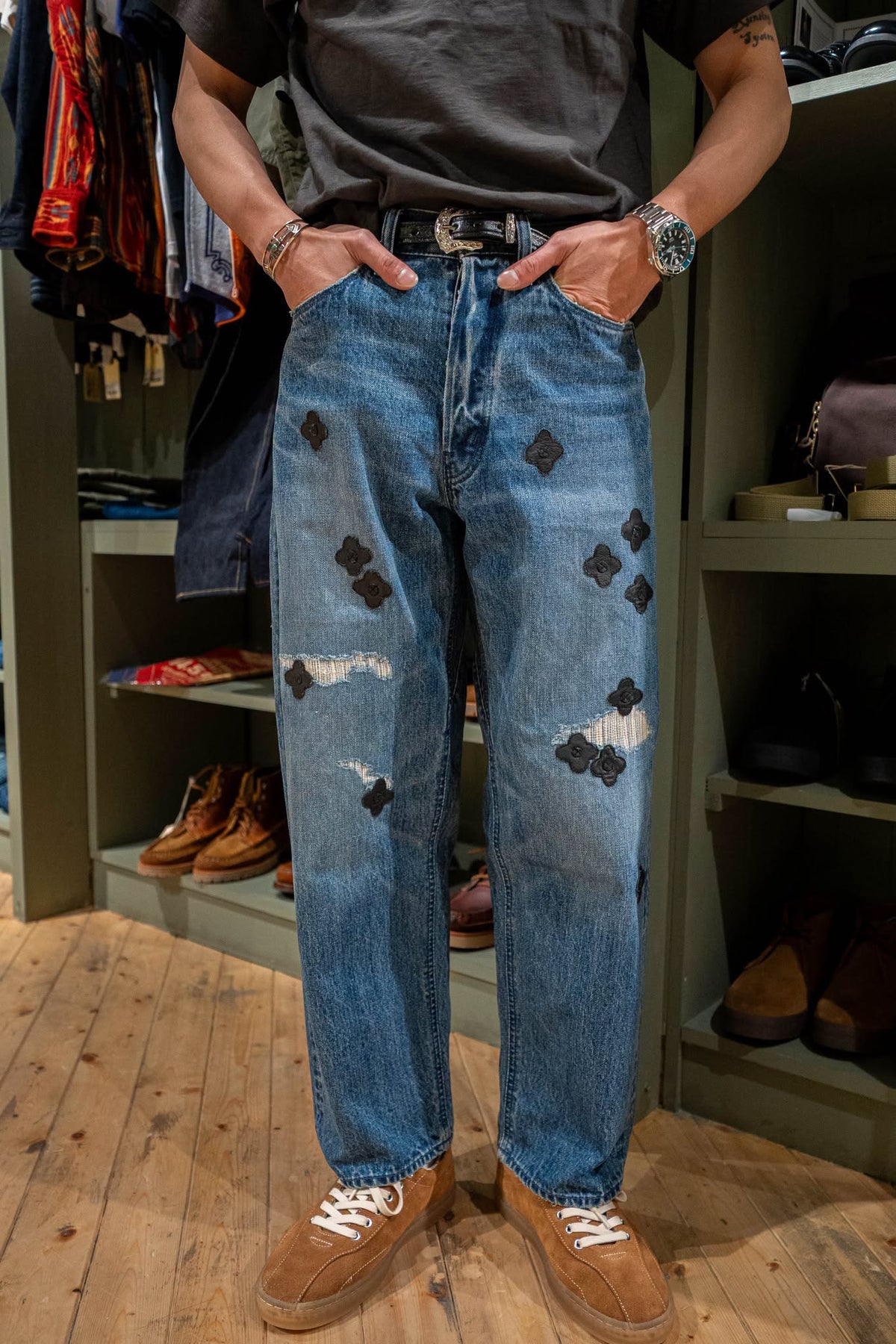 BLACK FLOWER DENIM PANTS WIDE - INDIGO