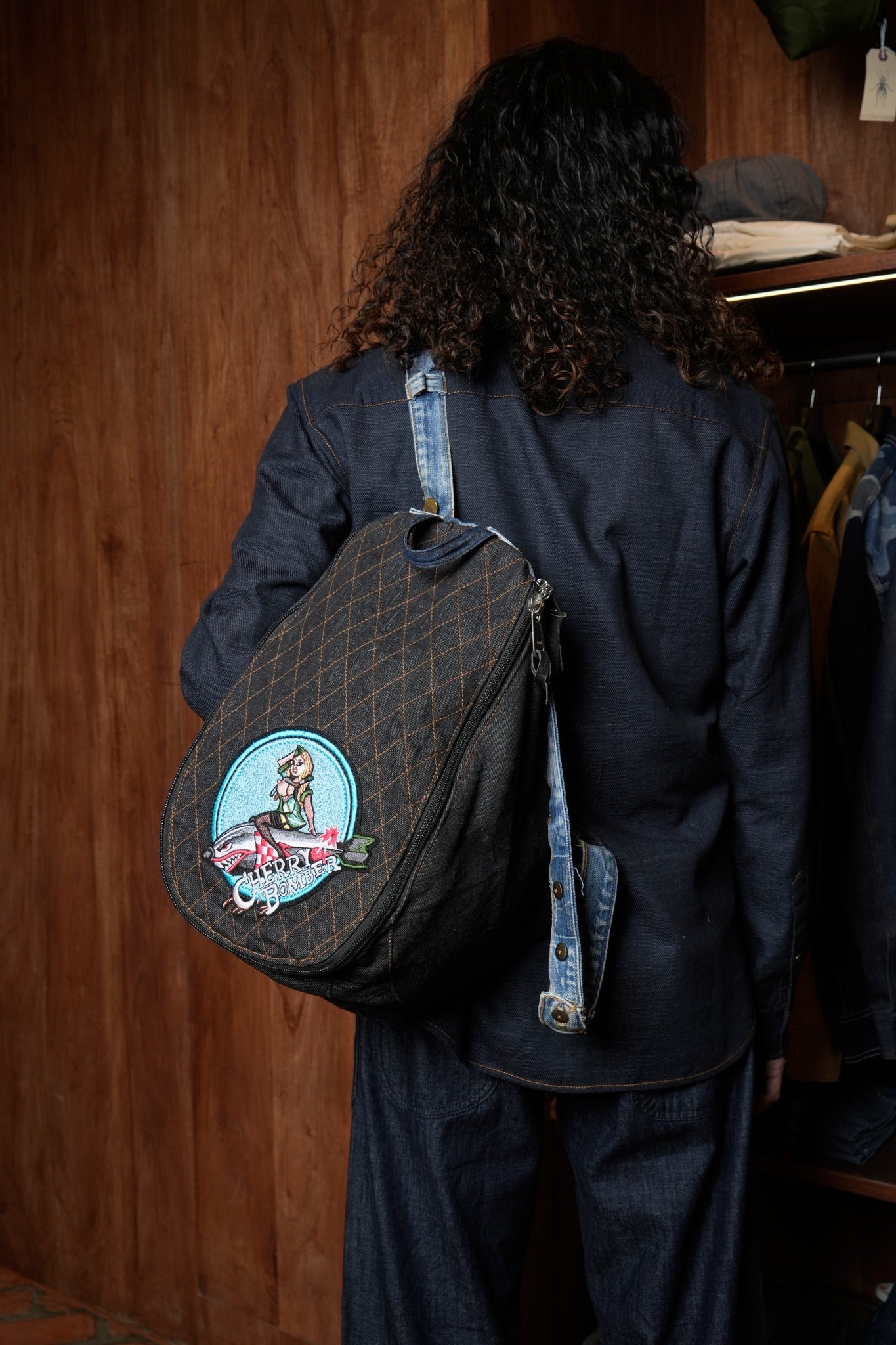 AK/PR/LOT2/ACC/028 Helmet bag quilted Cherry Bomber with denim detail  - BLACK/BLUE