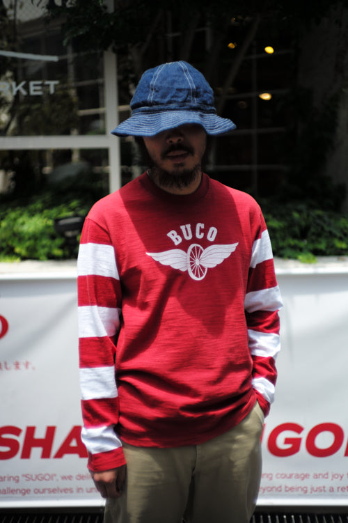 BC25001 BUCO STRIPED SLEEVE TEE / FLYING WHEEL - WHITE/CHERRY