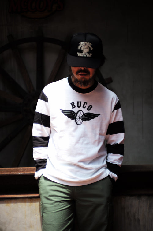 BC25001 BUCO STRIPED SLEEVE TEE / FLYING WHEEL - WHITE/BLACK
