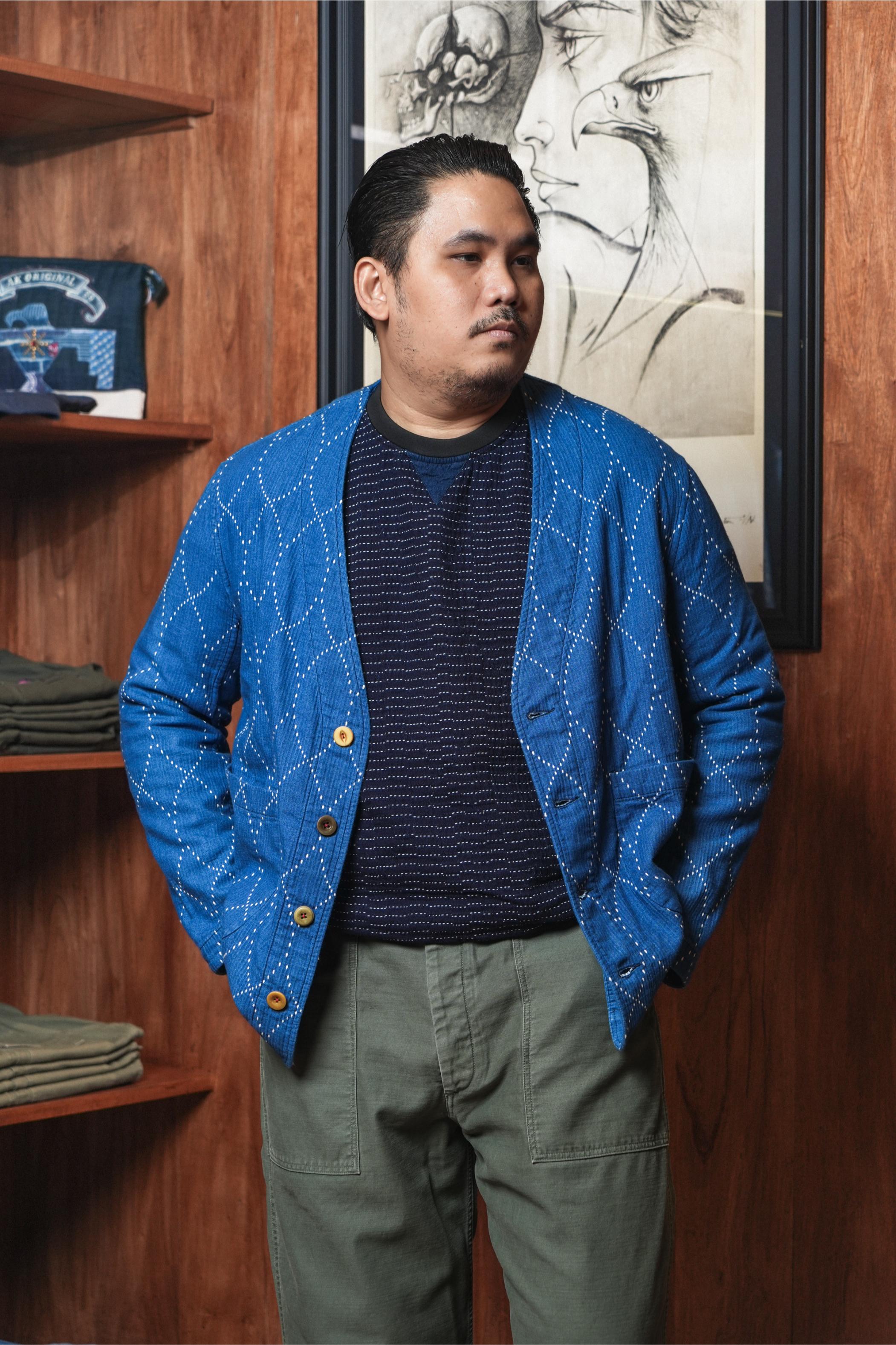 Geometric Sashiko Casual Cardigan Jacket - INDIGO