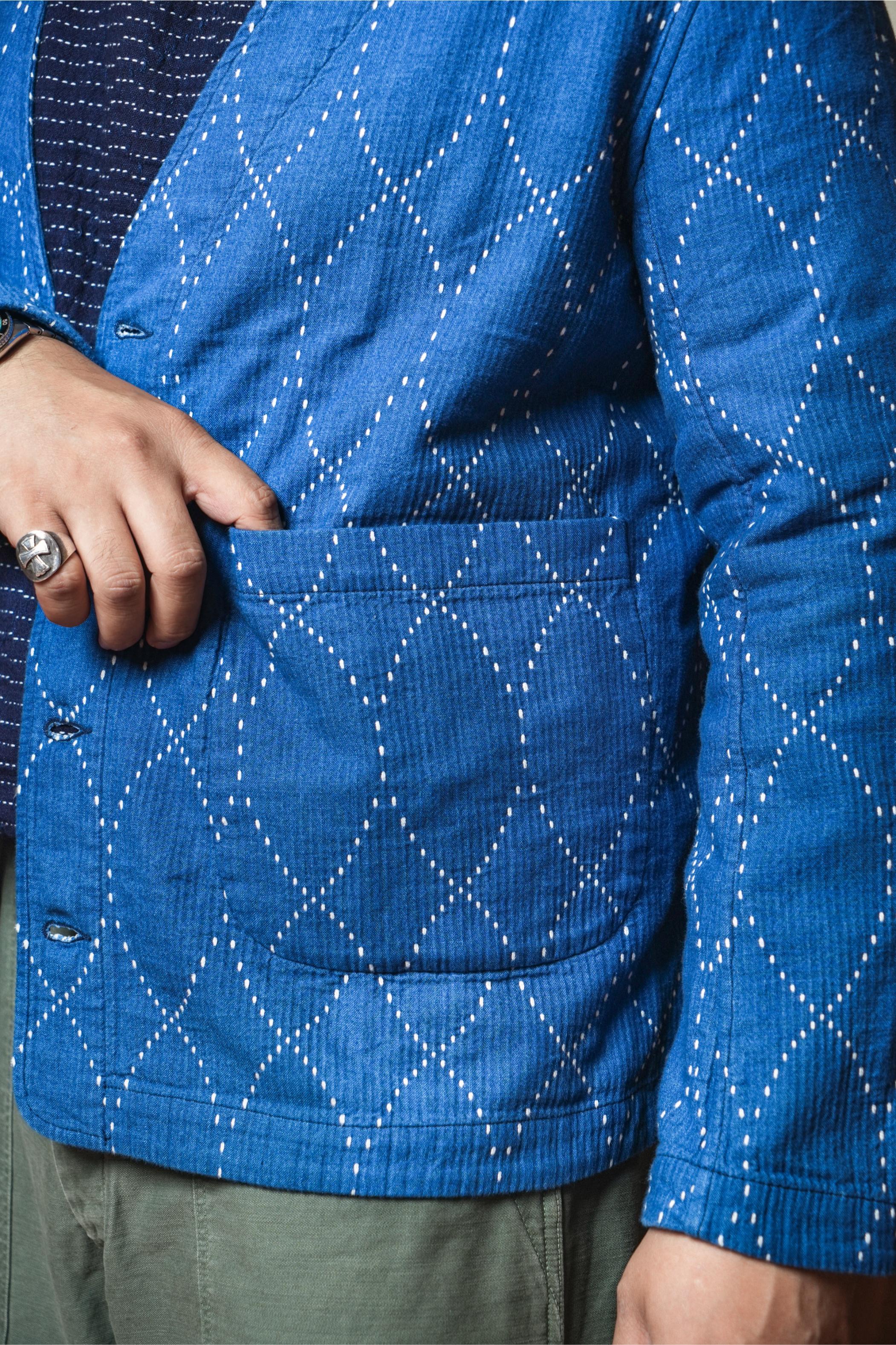 Geometric Sashiko Casual Cardigan Jacket - INDIGO