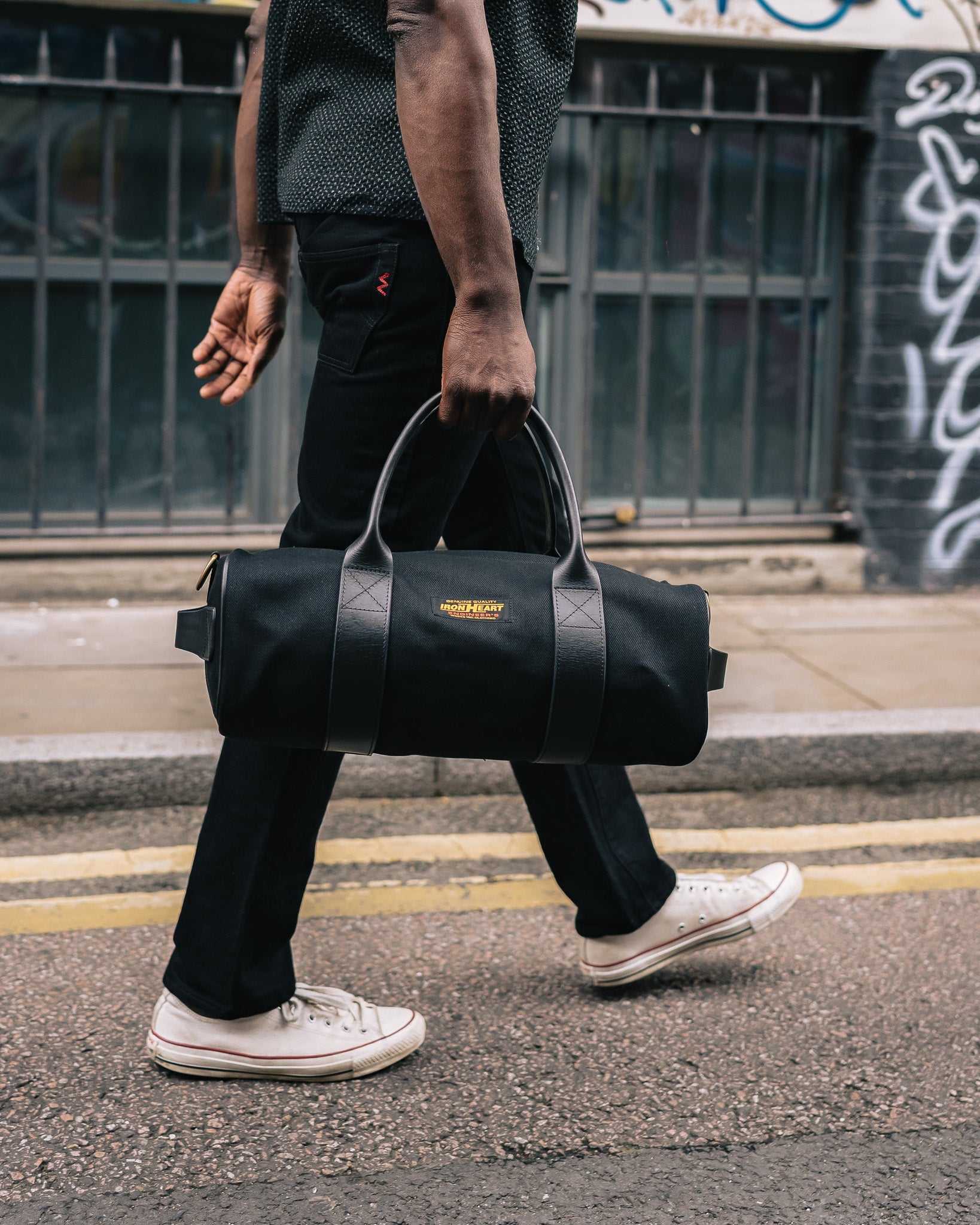 IHE-24-BLK 21oz Denim and Buttero Leather Holdall - BLACK
