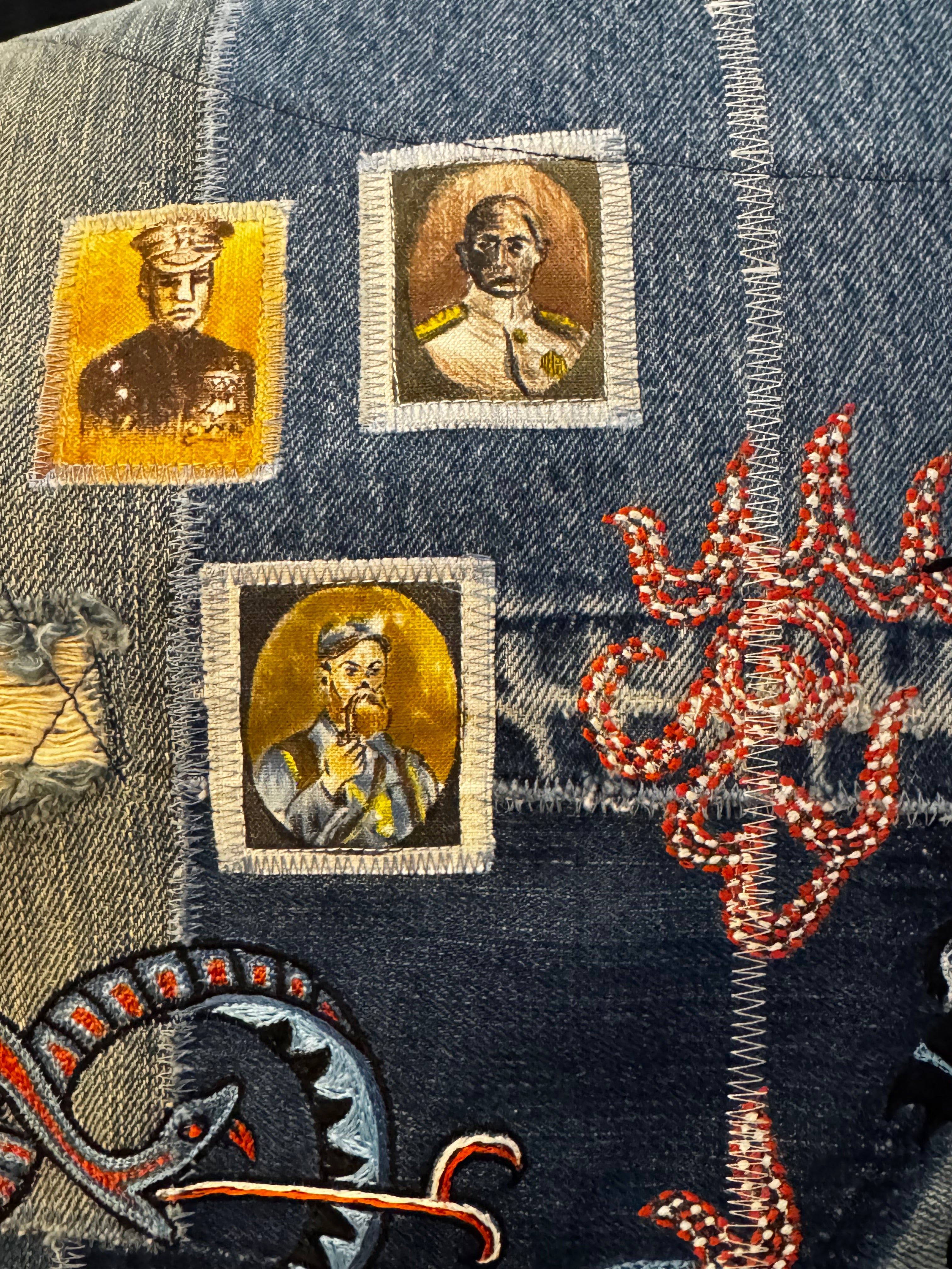 AK/PR/LOT3/JKT/048 Tribal Tiger & Dragon on Patchwork Denim Bomber Trucker Jacket - BLUE