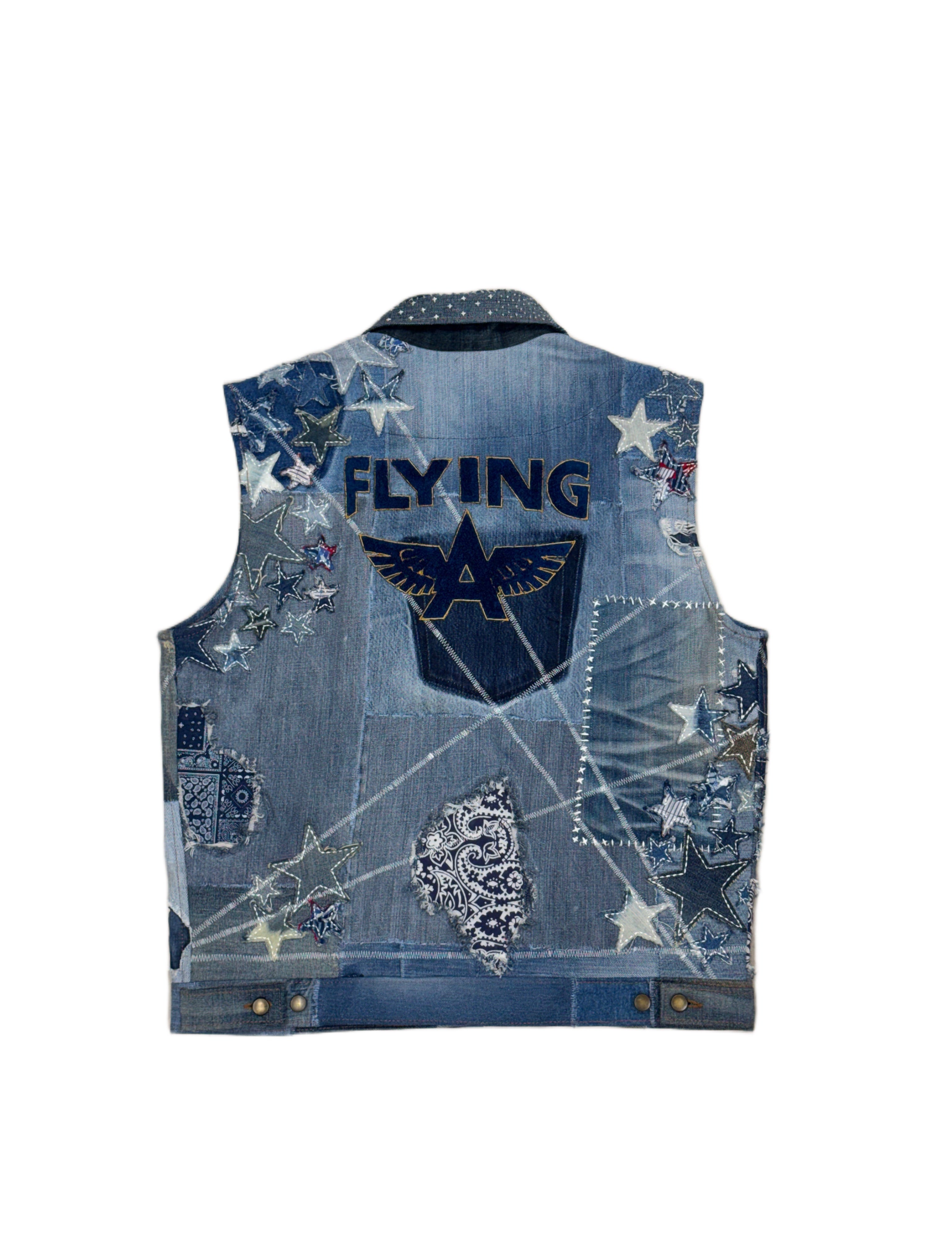 AK/PR/LOT3/VEST/019 Rockstar 2.0  Denim Vest with Japanese Boro, Sashiko & Towel Embroidered Flying-A - BLUE