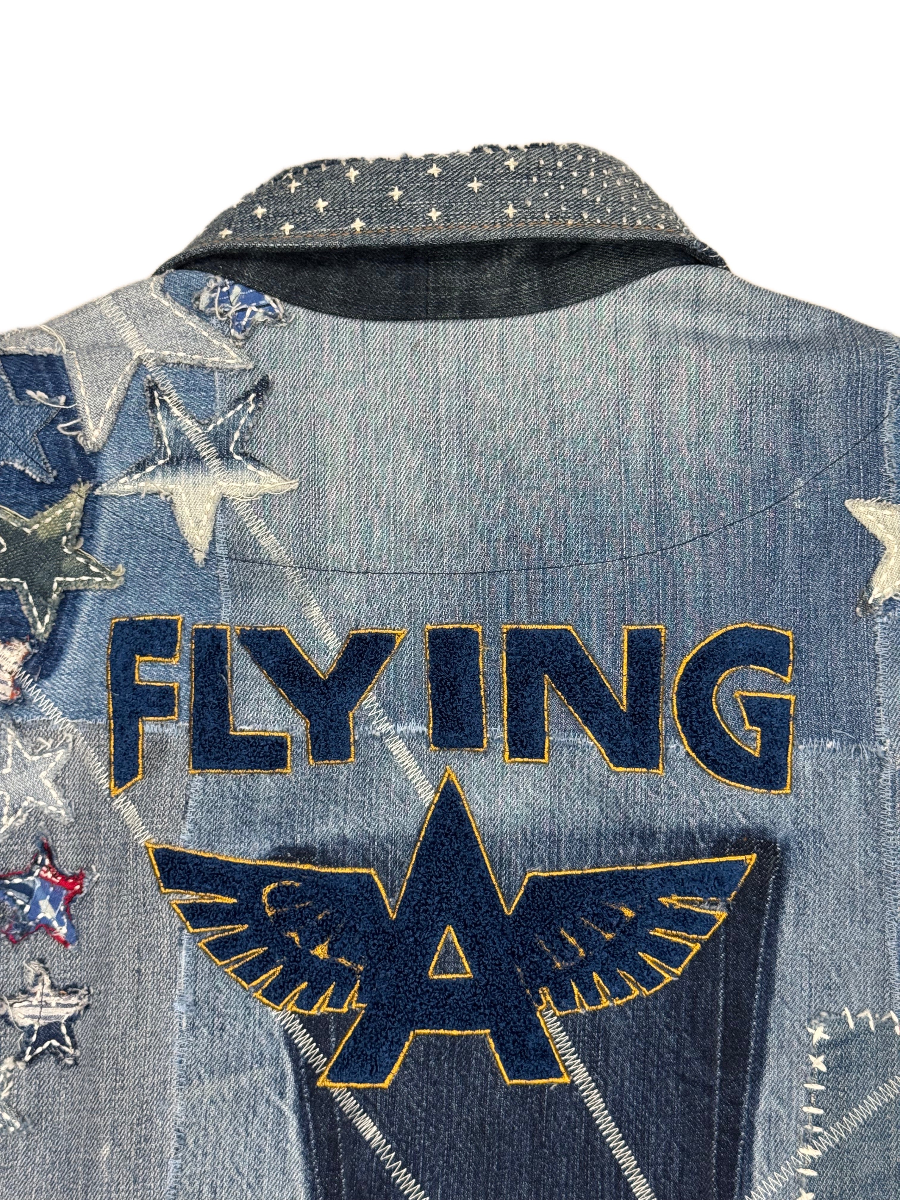 AK/PR/LOT3/VEST/019 Rockstar 2.0  Denim Vest with Japanese Boro, Sashiko & Towel Embroidered Flying-A - BLUE