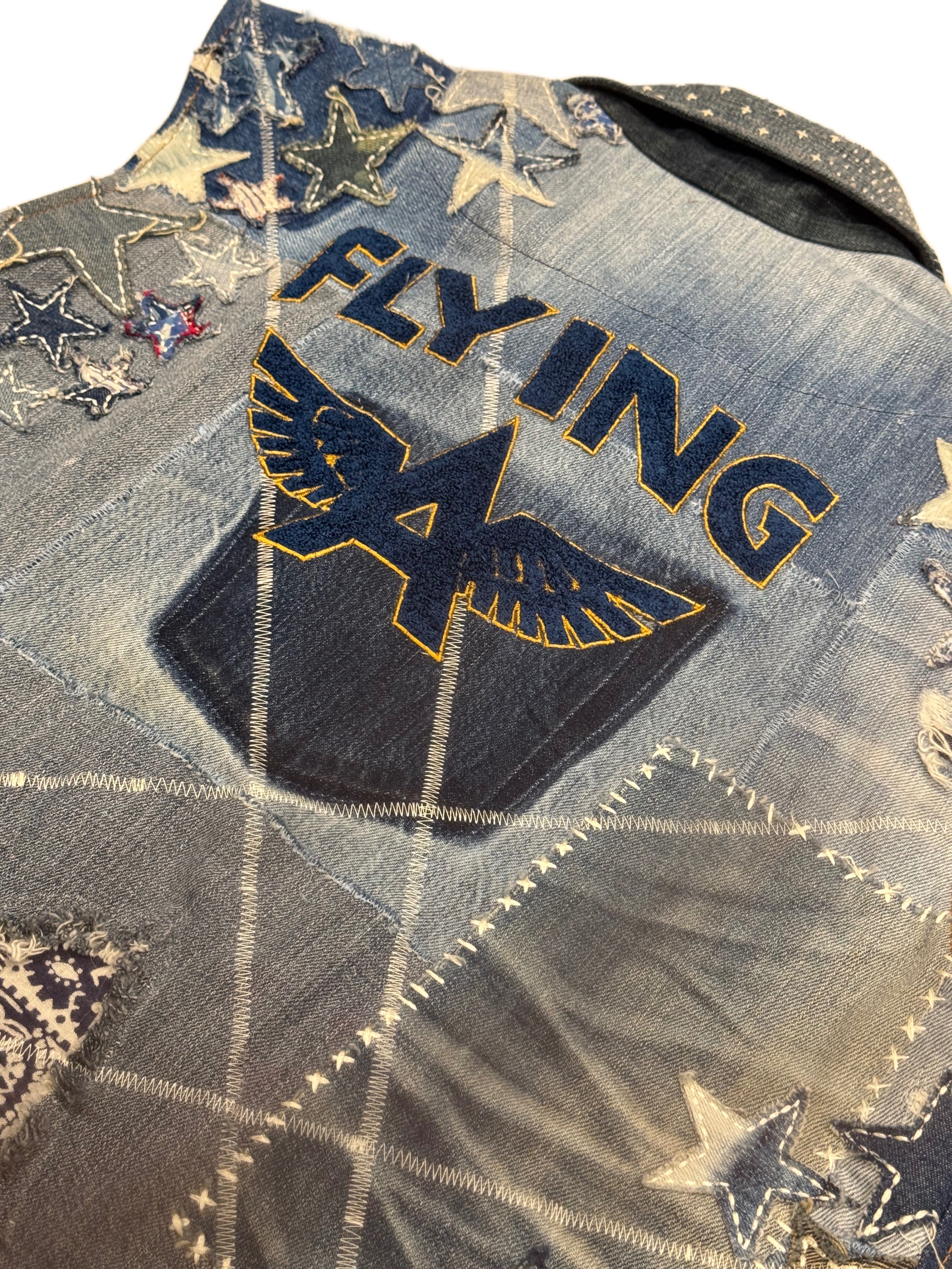 AK/PR/LOT3/VEST/019 Rockstar 2.0  Denim Vest with Japanese Boro, Sashiko & Towel Embroidered Flying-A - BLUE