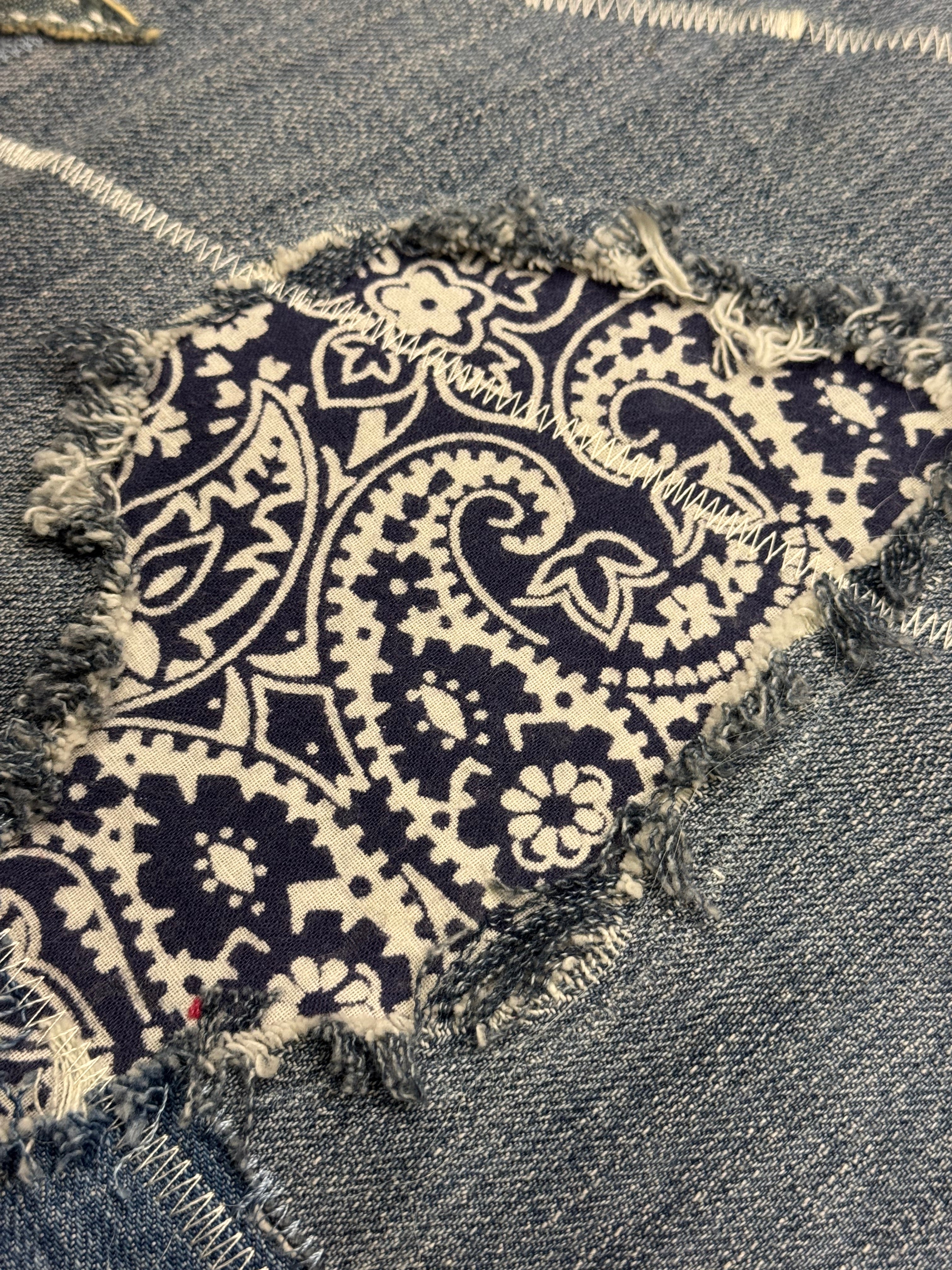 AK/PR/LOT3/VEST/019 Rockstar 2.0  Denim Vest with Japanese Boro, Sashiko & Towel Embroidered Flying-A - BLUE