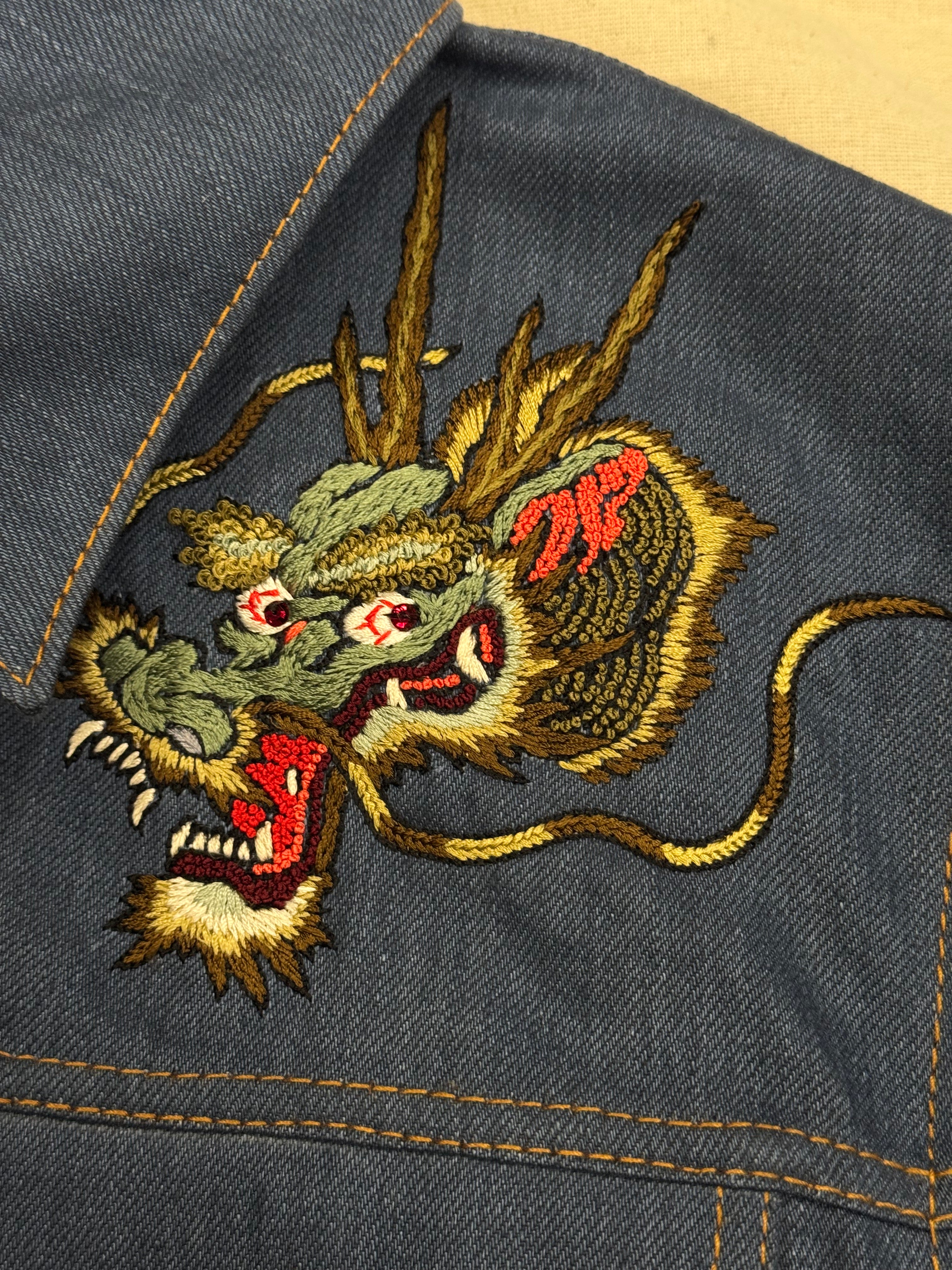 AK/PR/LOT3/JKT/050 Biker Vent Pleated Dragon Bomber Jacket in Japanse Selvedge Denim  - BLUE