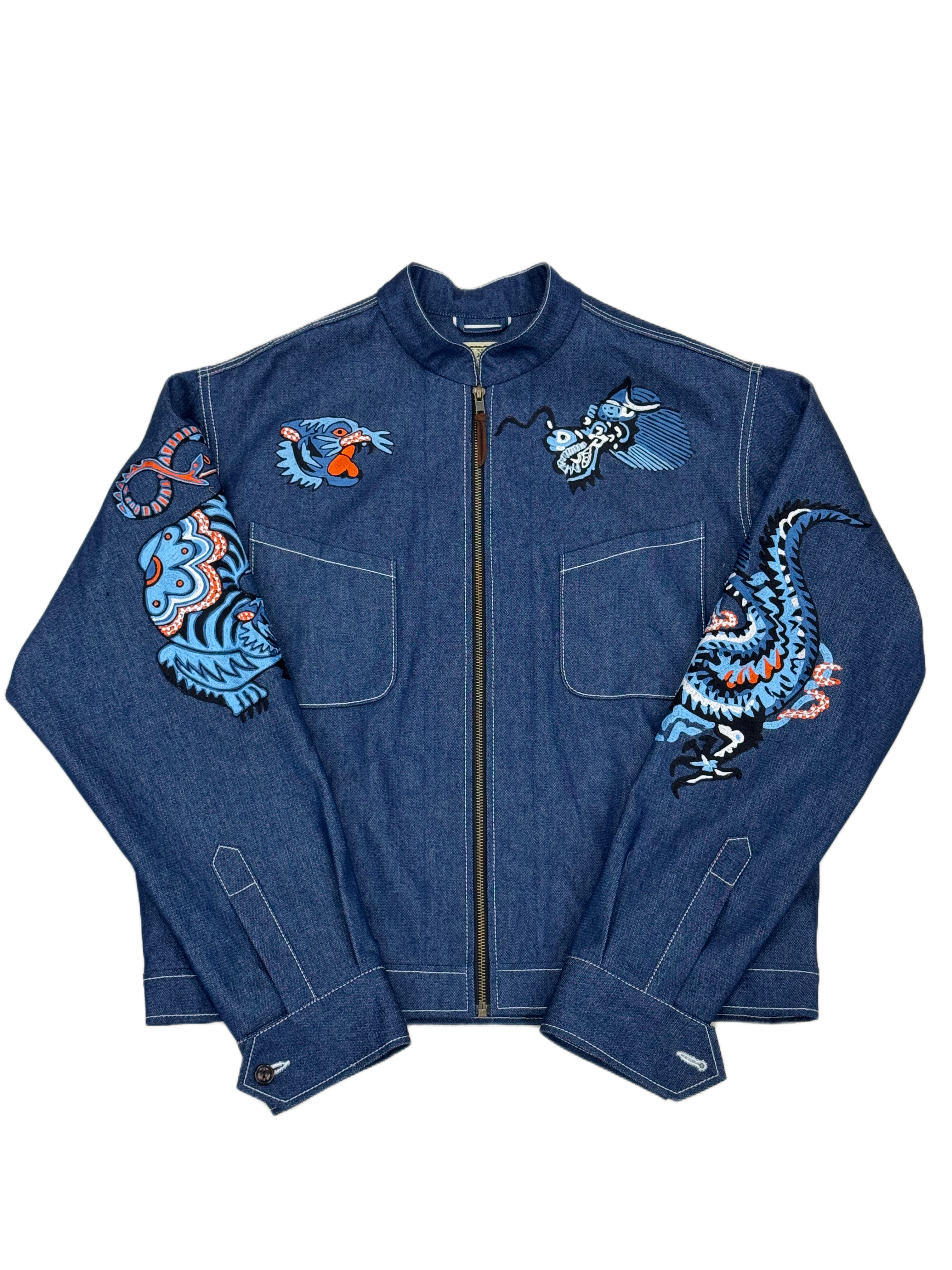 AK/PR/LOT3/JKT/051 AK OG Tribal Dragon & Tiger Denim Souvenir Jacket  - BLUE