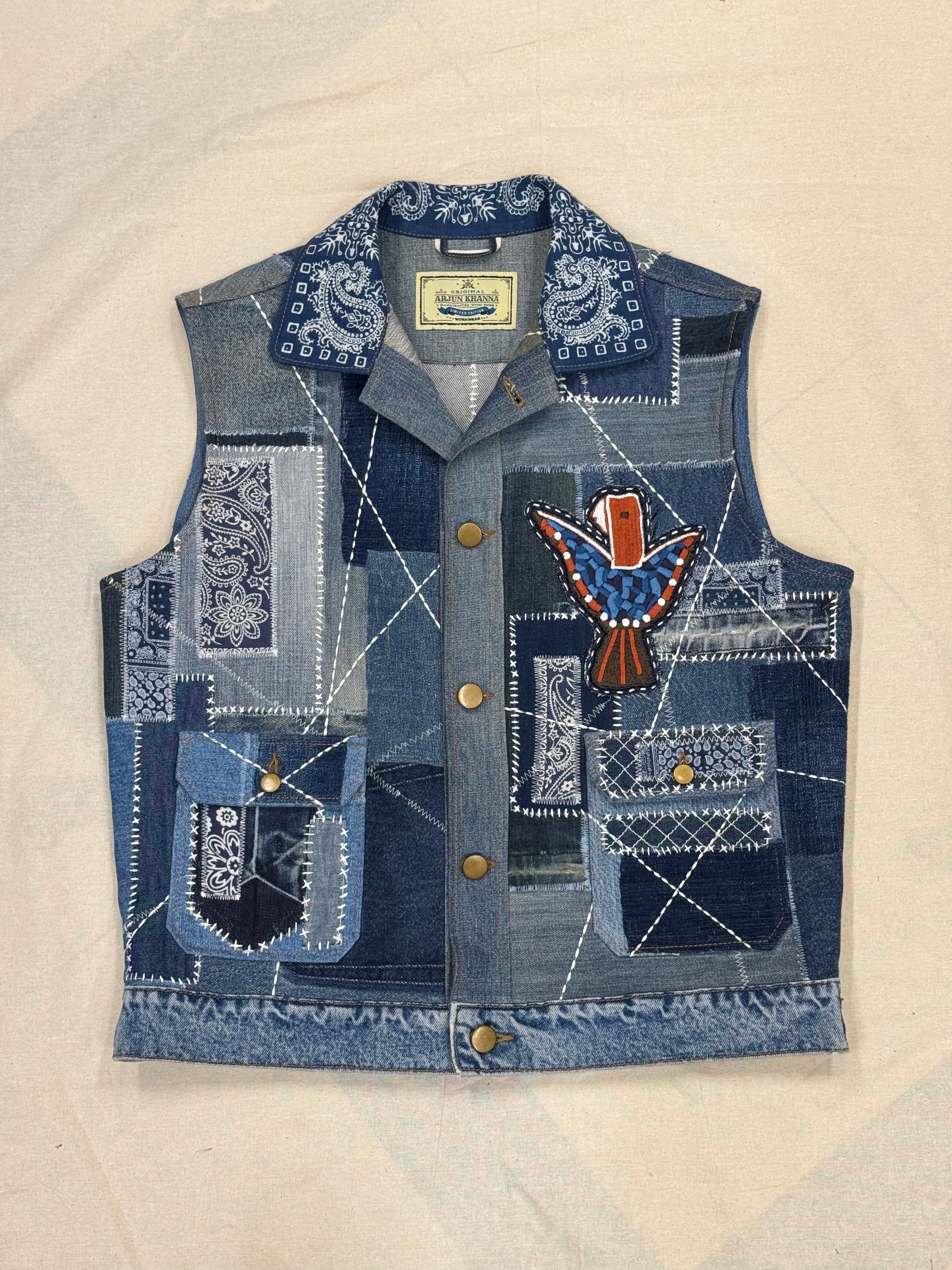 AK/PR/LOT3/VEST/018 Boro Patchwork Vest with Bandana collar & Mosaic Phoneix o - BLUE