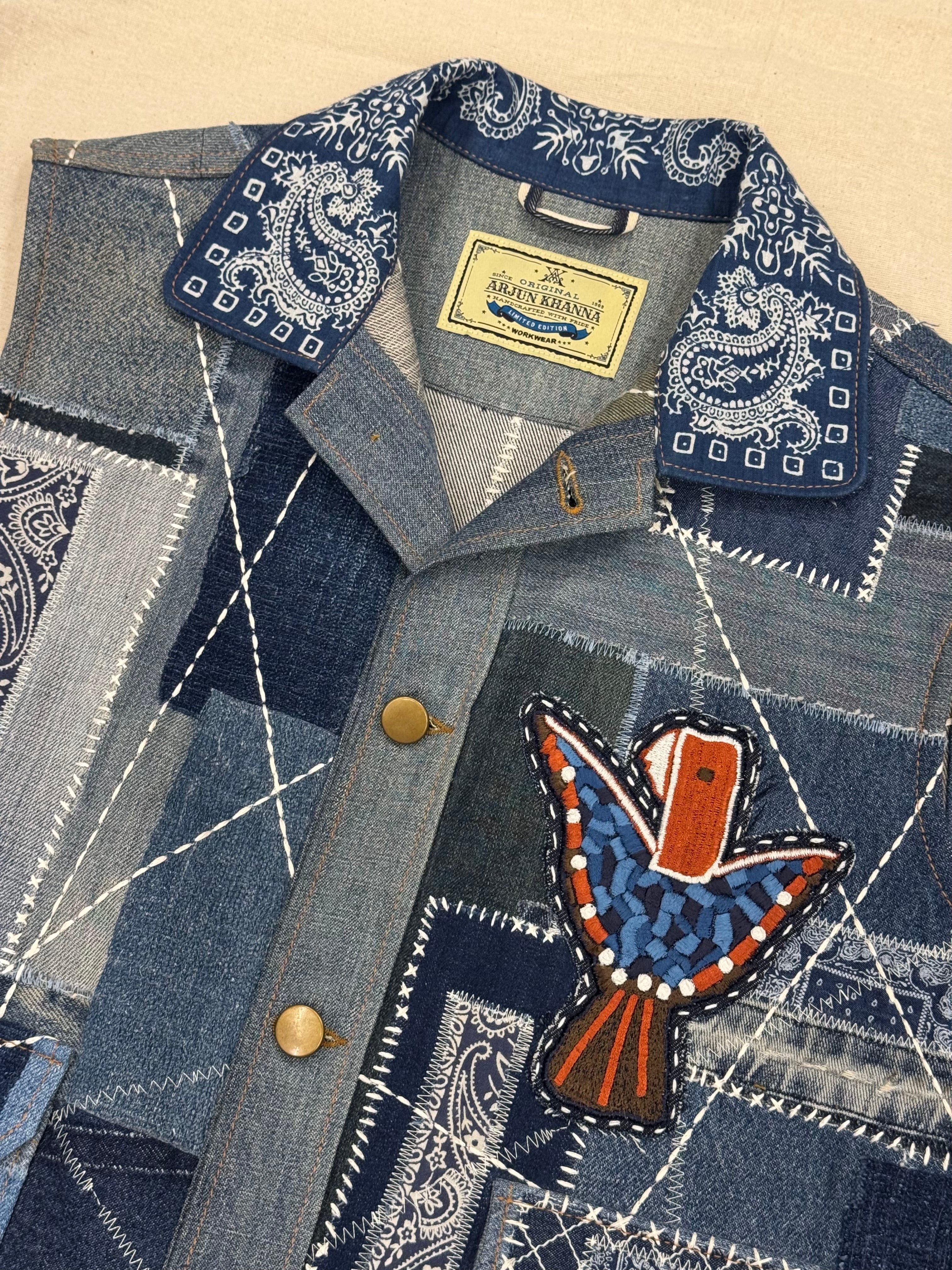 AK/PR/LOT3/VEST/018 Boro Patchwork Vest with Bandana collar & Mosaic Phoneix o - BLUE