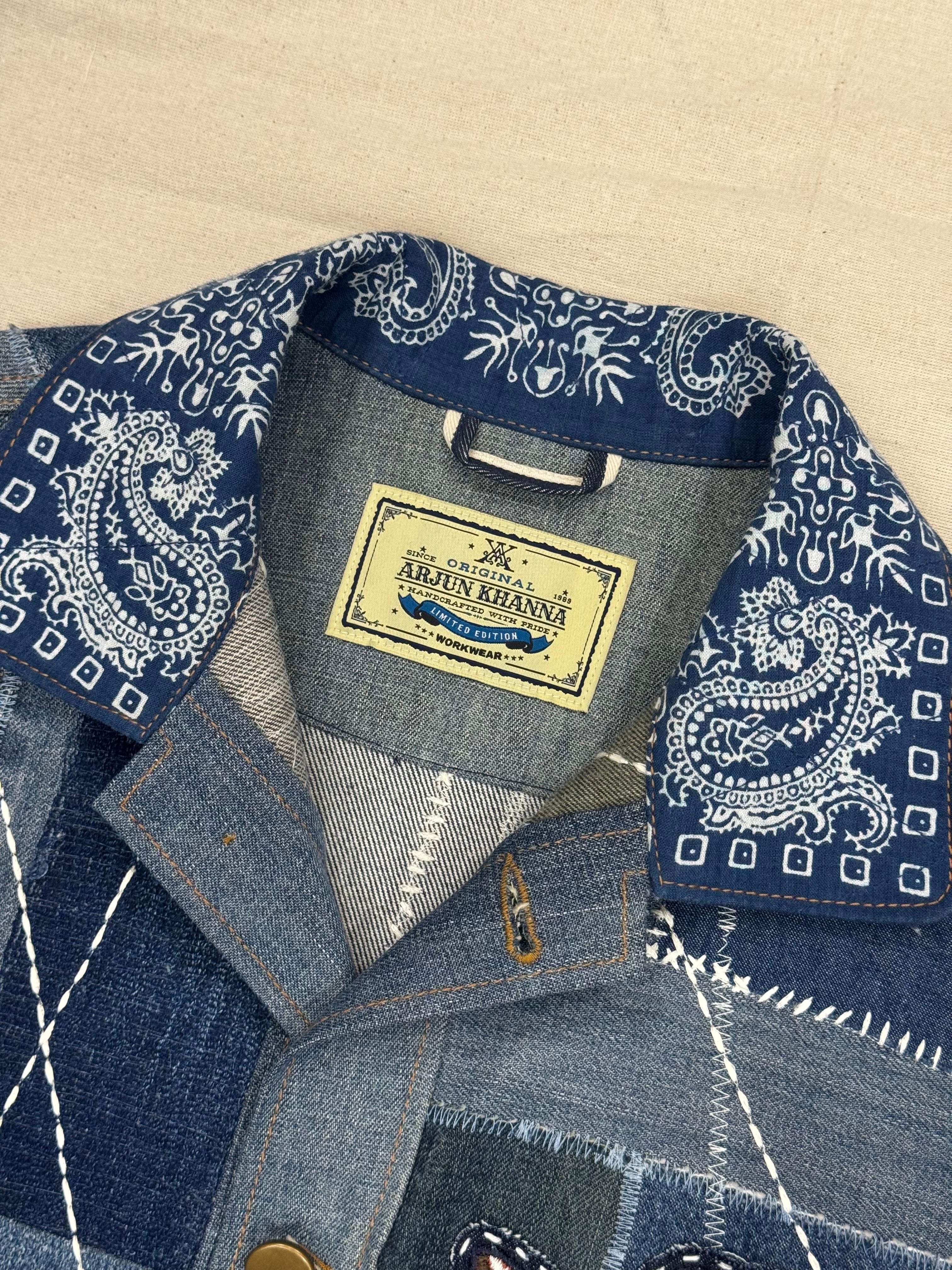 AK/PR/LOT3/VEST/018 Boro Patchwork Vest with Bandana collar & Mosaic Phoneix o - BLUE