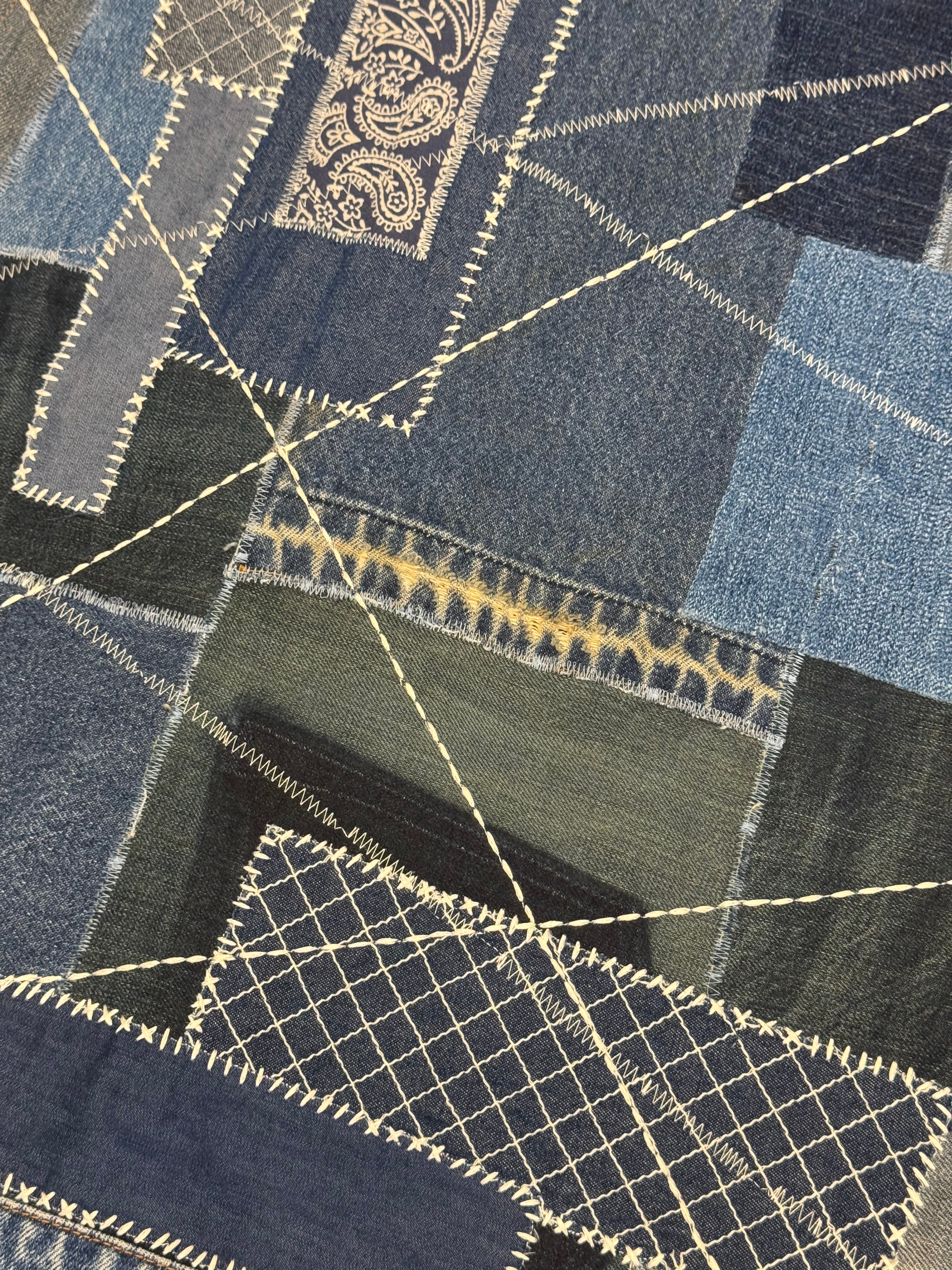 AK/PR/LOT3/VEST/018 Boro Patchwork Vest with Bandana collar & Mosaic Phoneix o - BLUE