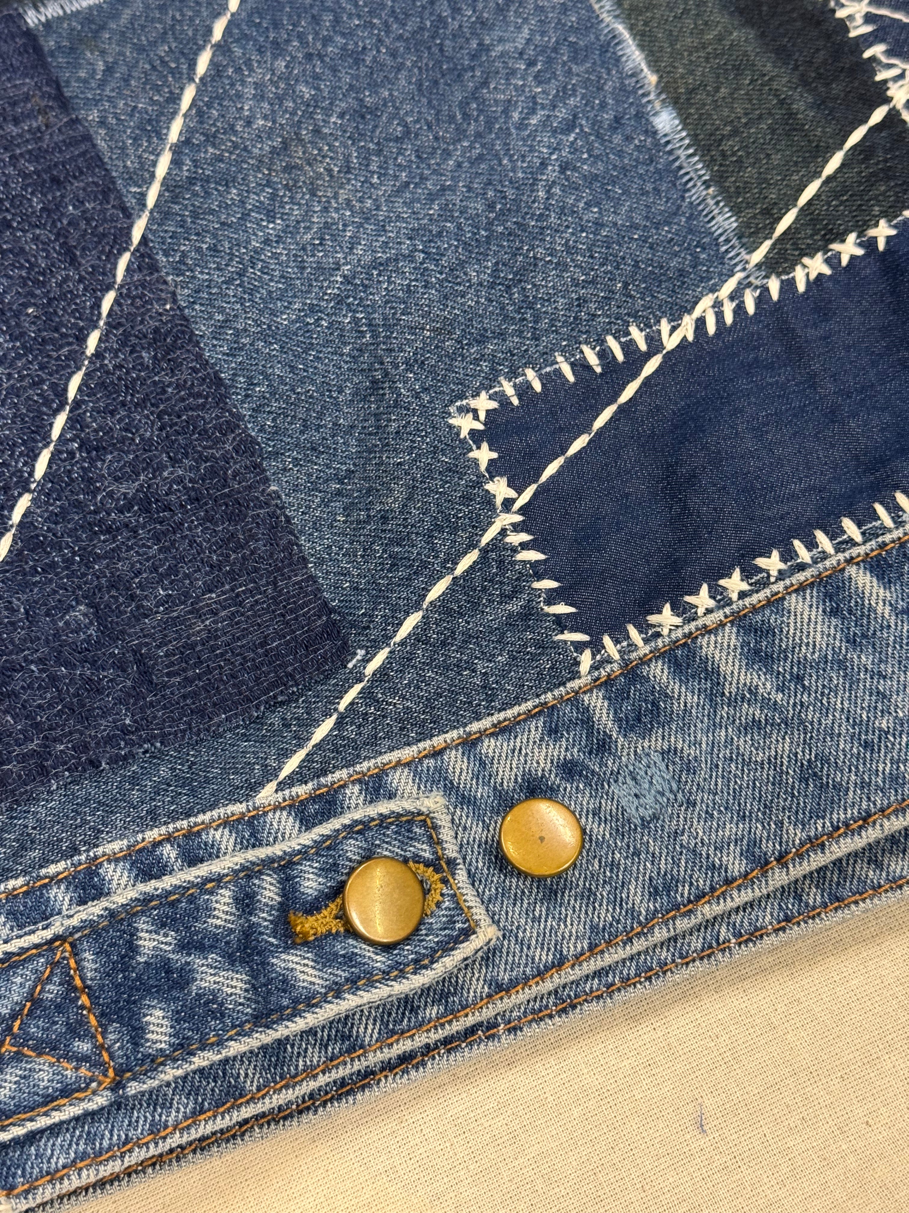 AK/PR/LOT3/VEST/018 Boro Patchwork Vest with Bandana collar & Mosaic Phoneix o - BLUE