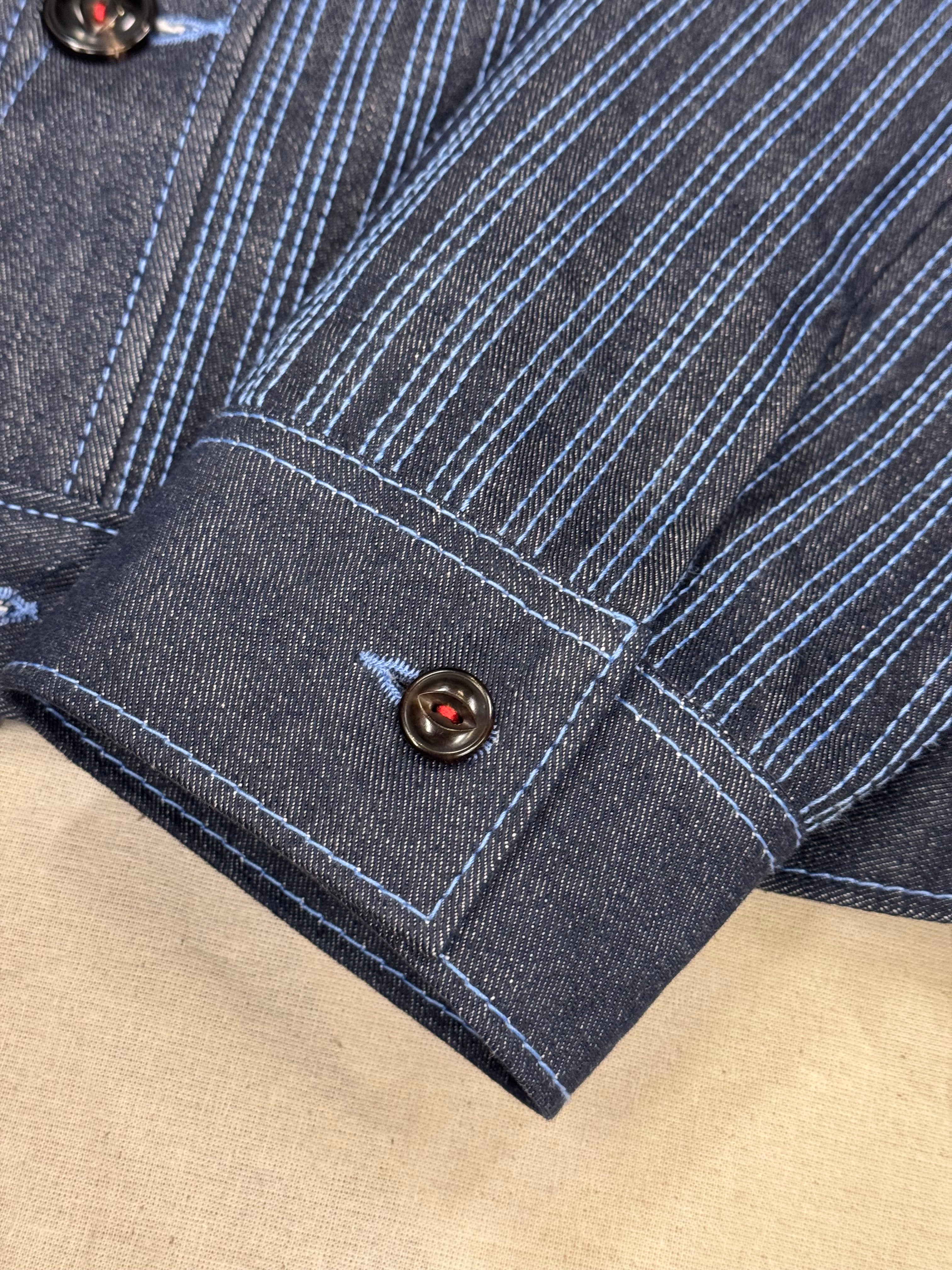 AK/PR/LOT3/JKT/055 All-Over Linear Chainstitch Denim Jacket with White Phoenix  - BLUE