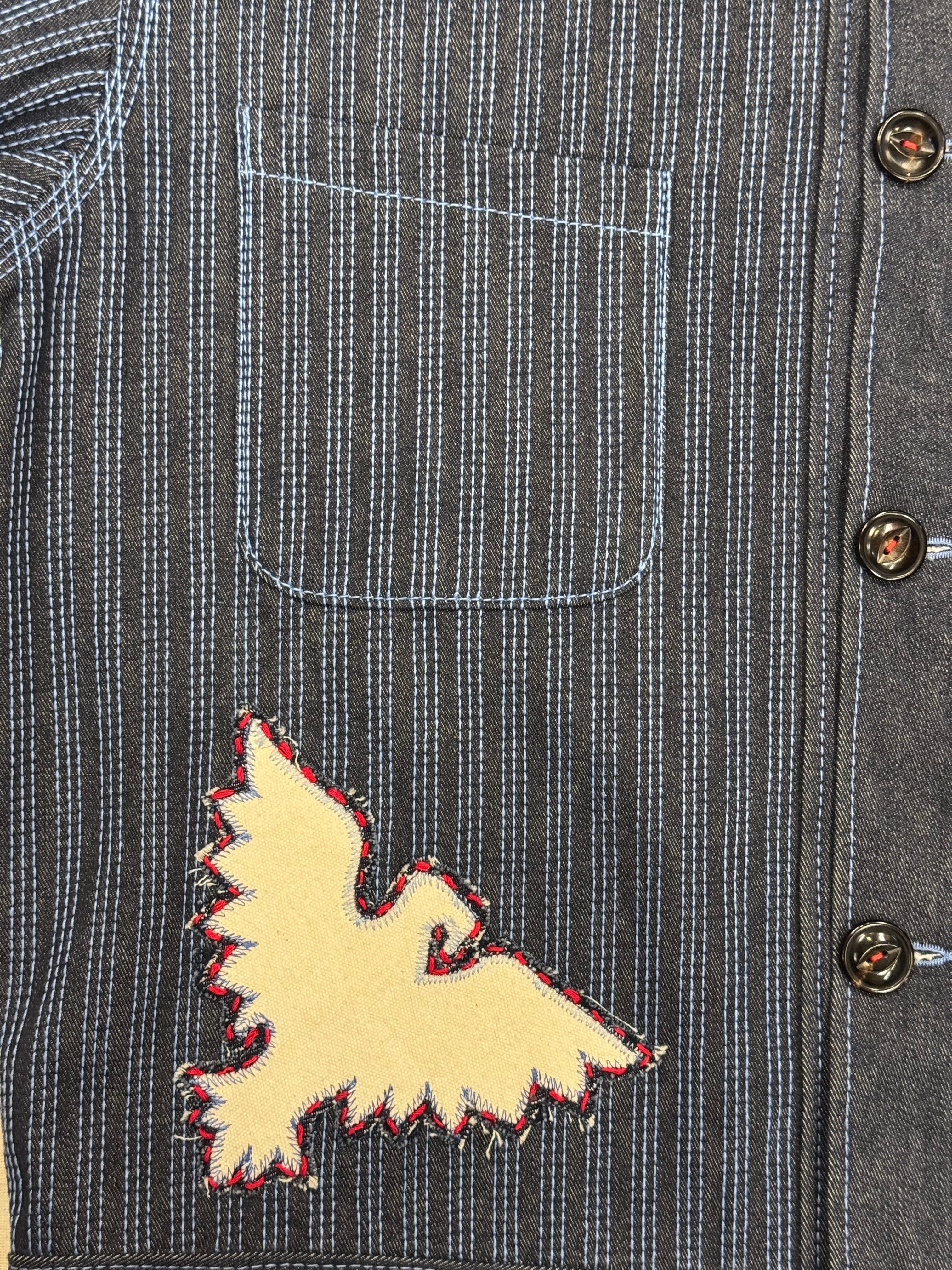 AK/PR/LOT3/JKT/055 All-Over Linear Chainstitch Denim Jacket with White Phoenix  - BLUE