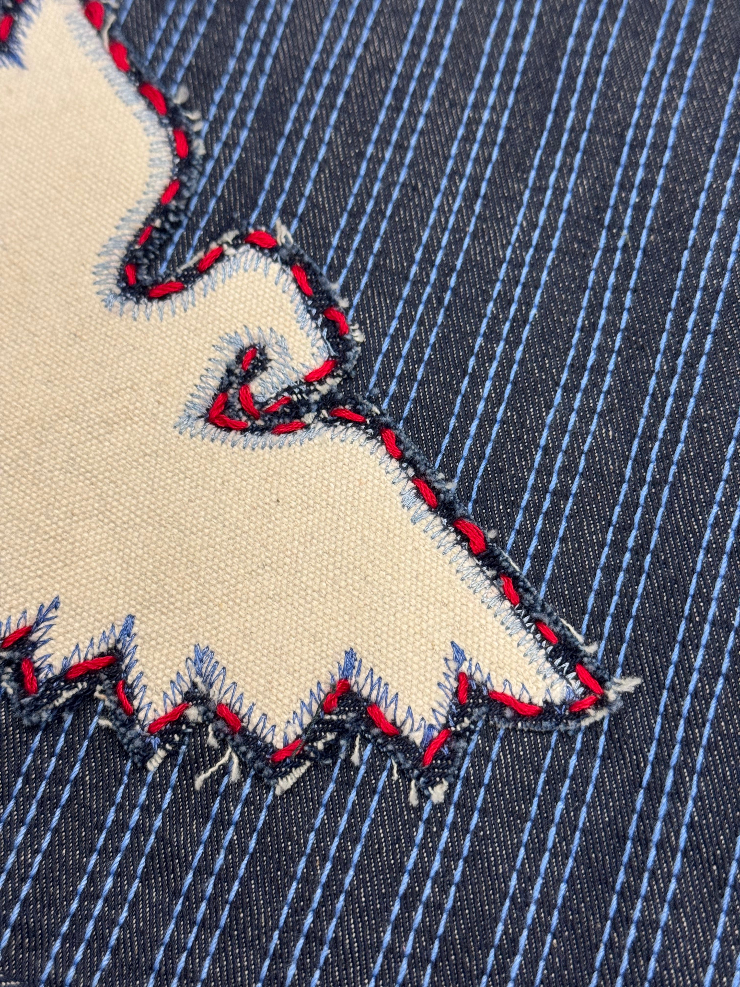 AK/PR/LOT3/JKT/055 All-Over Linear Chainstitch Denim Jacket with White Phoenix  - BLUE