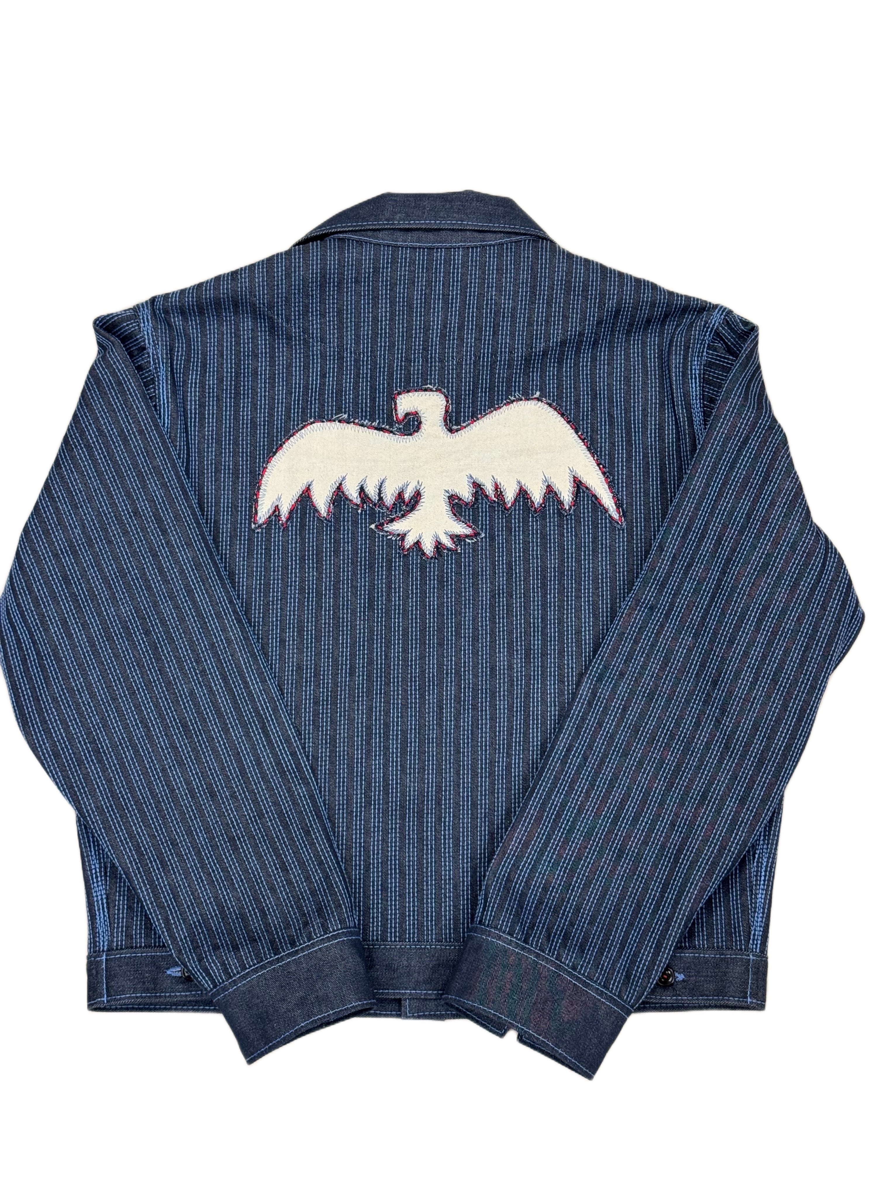 AK/PR/LOT3/JKT/055 All-Over Linear Chainstitch Denim Jacket with White Phoenix  - BLUE