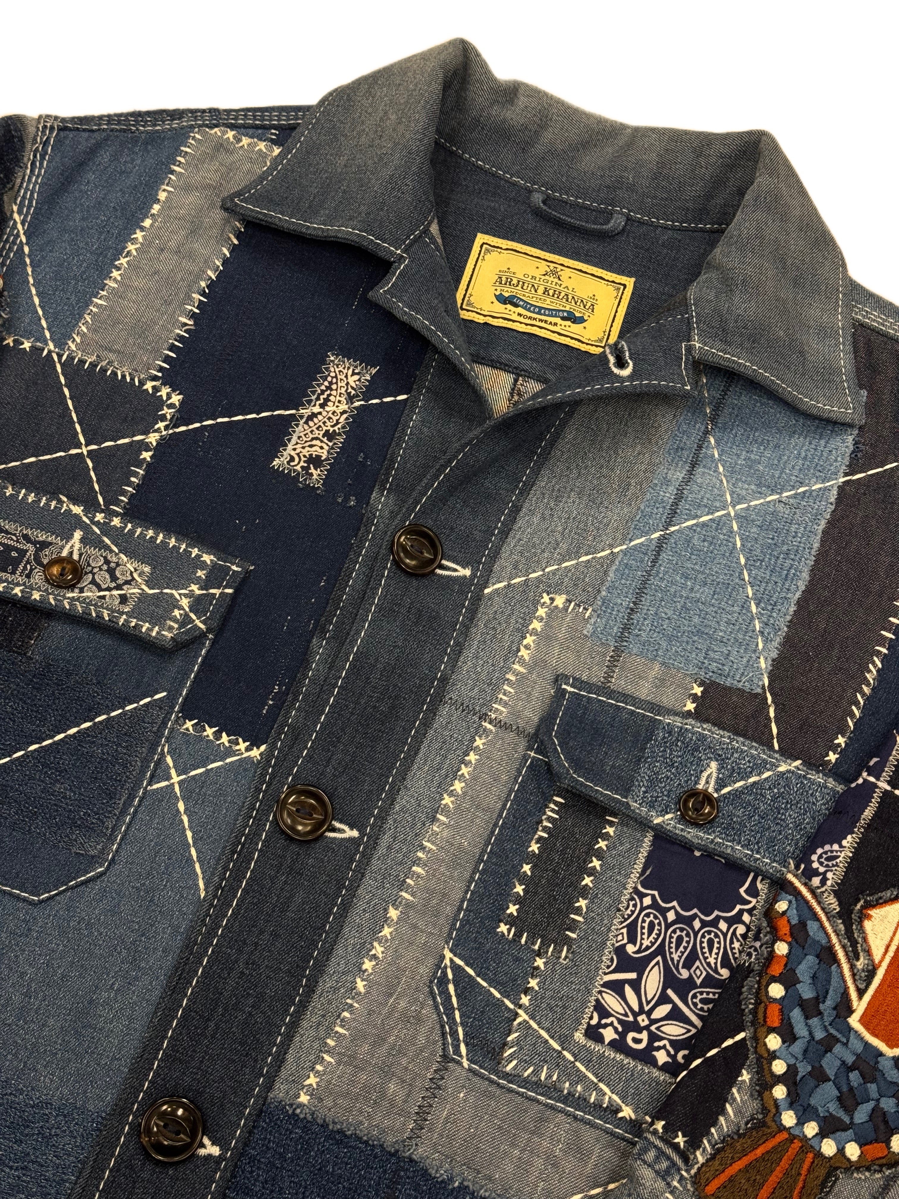 AK/PR/LOT3/JKT/049 Patchwork Denim Bomber TruckerJacket with Rust Head Mosaic Poenix - BLUE