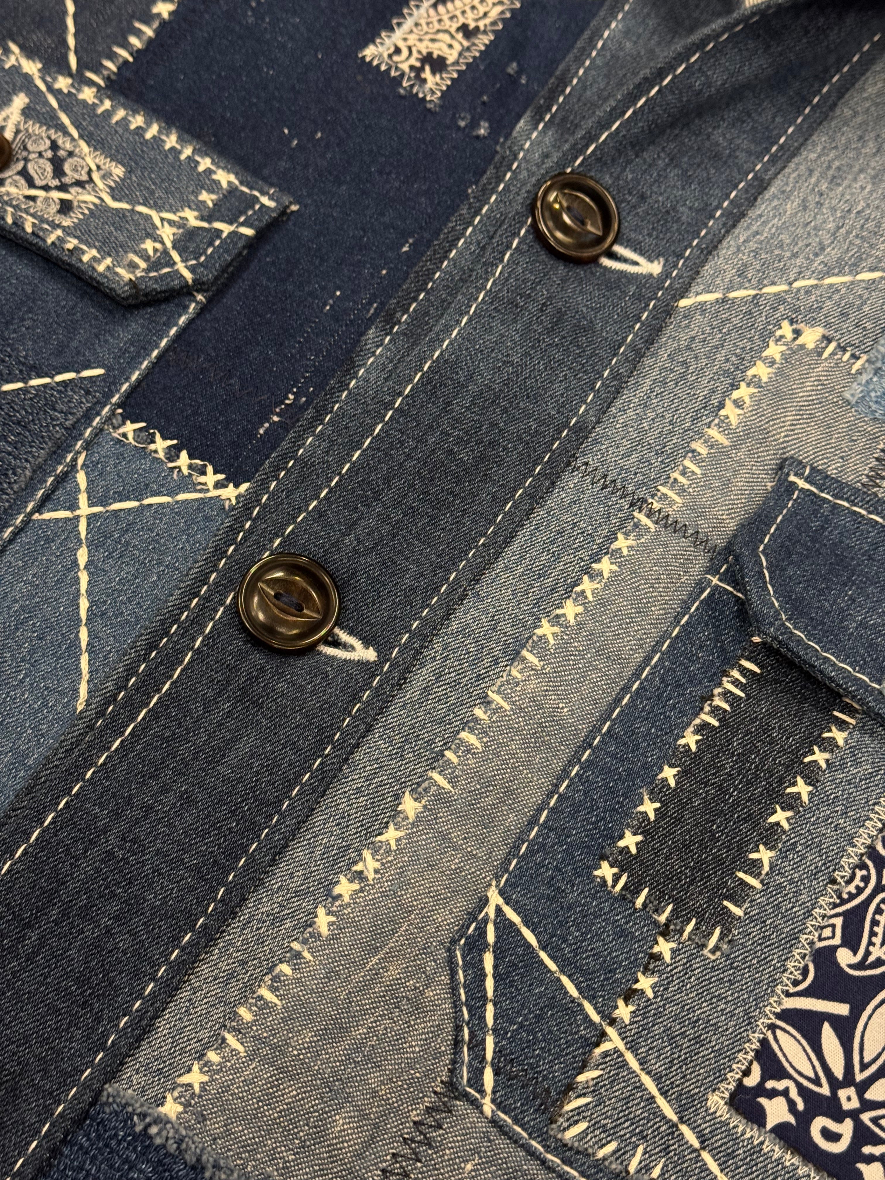 AK/PR/LOT3/JKT/049 Patchwork Denim Bomber TruckerJacket with Rust Head Mosaic Poenix - BLUE