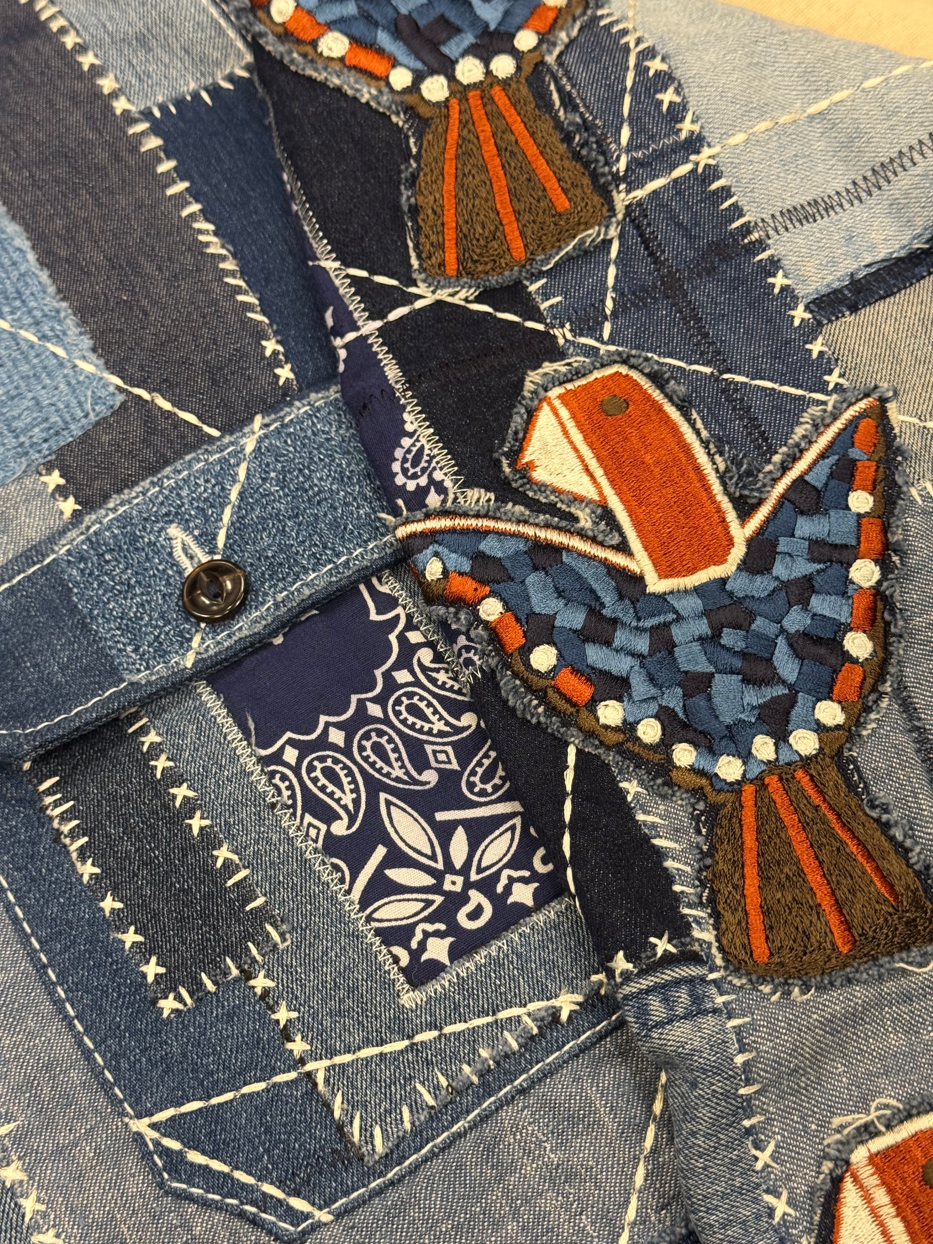 AK/PR/LOT3/JKT/049 Patchwork Denim Bomber TruckerJacket with Rust Head Mosaic Poenix - BLUE