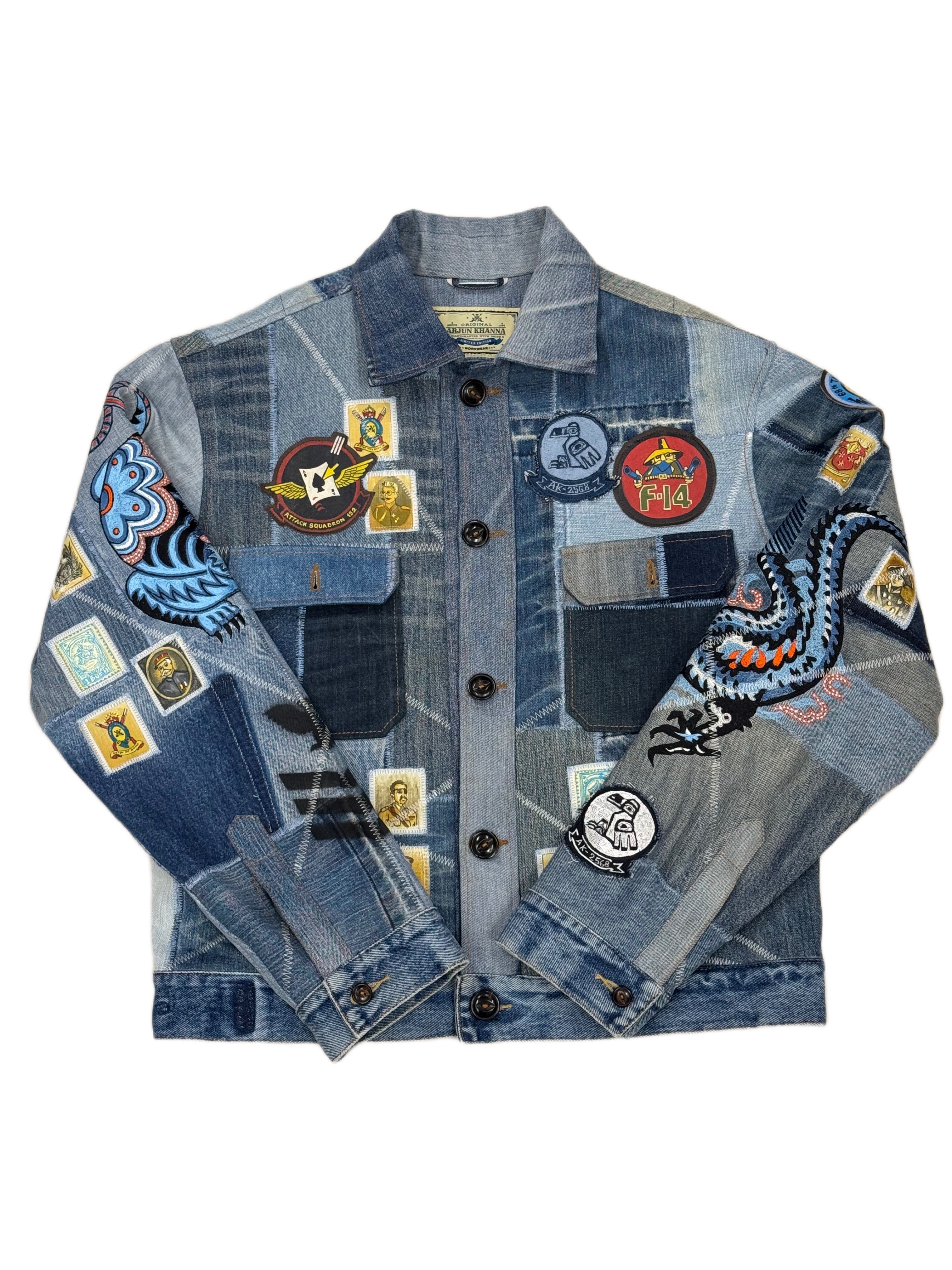 AK/PR/LOT3/JKT/048 Tribal Tiger & Dragon on Patchwork Denim Bomber Trucker Jacket - BLUE