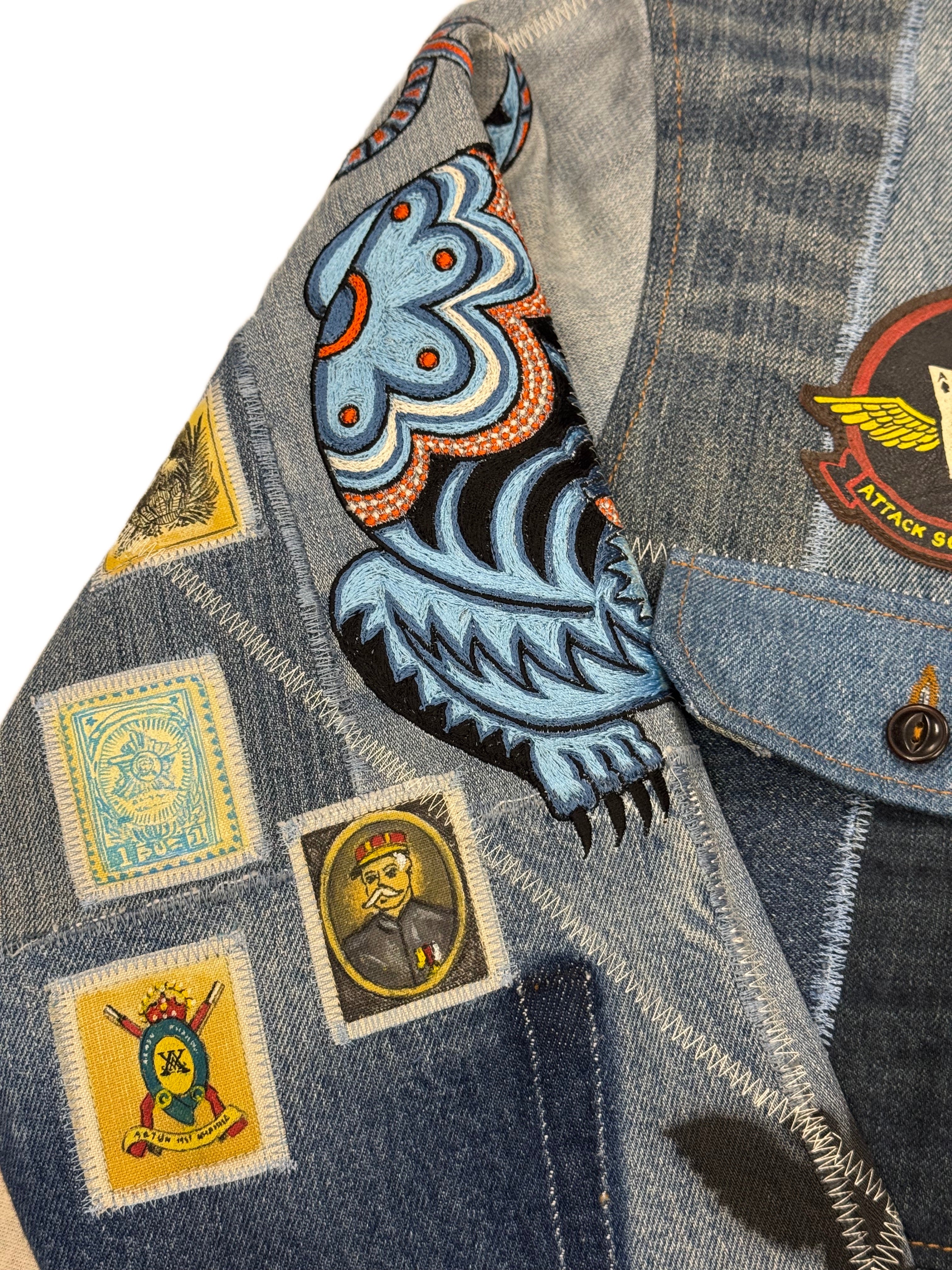 AK/PR/LOT3/JKT/048 Tribal Tiger & Dragon on Patchwork Denim Bomber Trucker Jacket - BLUE