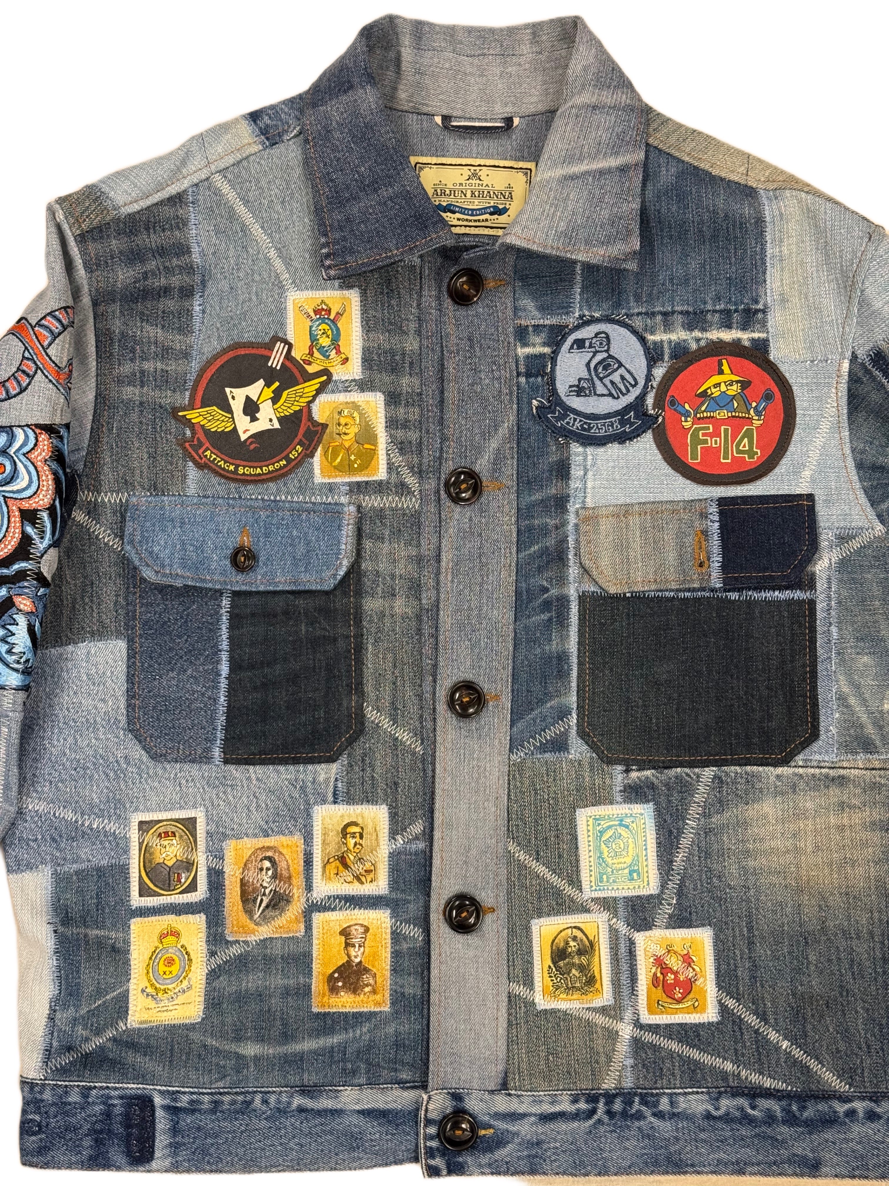 AK/PR/LOT3/JKT/048 Tribal Tiger & Dragon on Patchwork Denim Bomber Trucker Jacket - BLUE